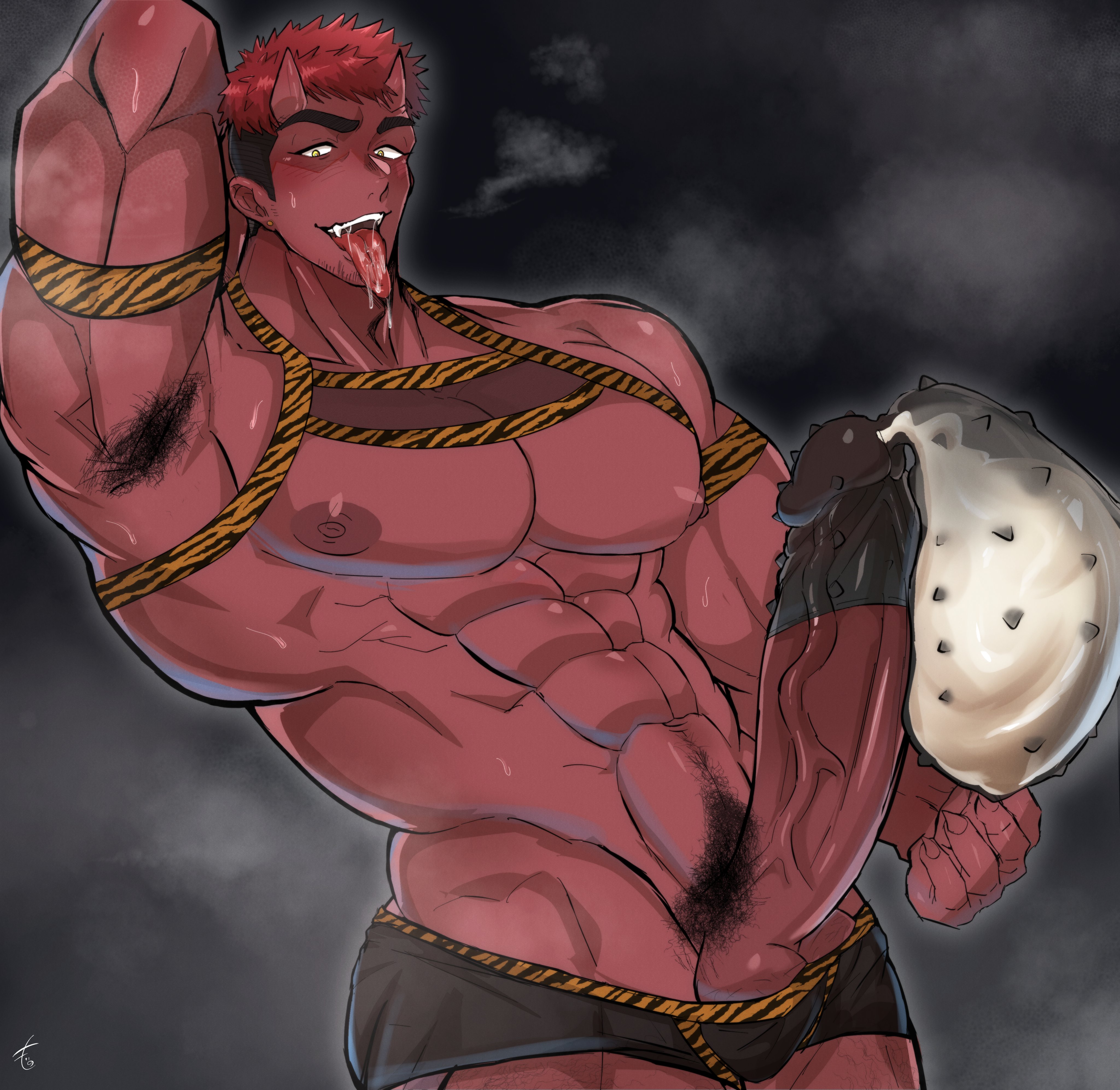 1boy, abs, armpit hair, armpits, big penis, cock, completely nude, condom, condom balloon, cum, cumming, demon, devil, ejaculation, erect penis, erection, excessive cum, filled condom, gay, hairy armpits, hairy male, hands-free, handsfree ejaculation, horny, huge cock, large penis, looking at viewer, muscular, muscular male, musk, musk clouds, musky cock, nude, nude male, okekemosamosa, oni, oni horns, pecs, penis, pov, pov eye contact, pubic hair, red body, red skin, seductive, seductive look, solo, spiked penis, spikes, thick penis, veiny penis