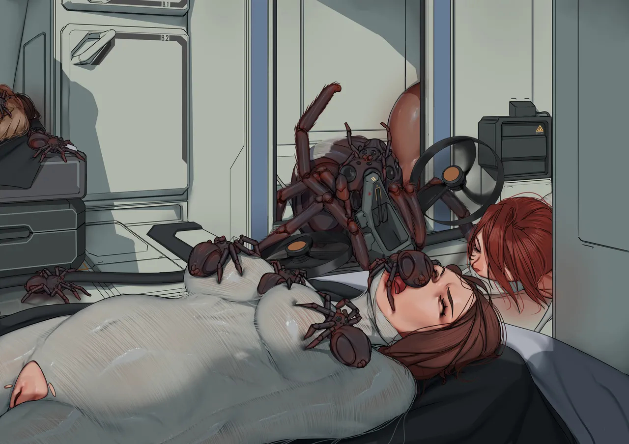 arachnophilia, bad end, bondage, bound, bound and gagged, bound arms, brown hair, closed eyes, fellatio, female, gag, gagged, interspecies, interspecies pregnancy, legs together, light-skinned female, monster, monster on female, nipples, open mouth, oral, penetration, pregnant, restrained, spider, sticky restraint, web bondage, wide hips, zerogravitas, zoophilia