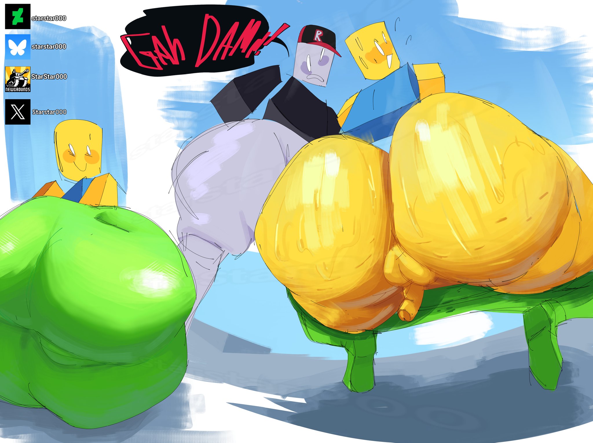 2boys, ass, backsack, bald, balls, ballsack, big ass, big butt, bluesky username, bottomless, colored sketch, deviantart, deviantart username, fat ass, fat butt, fembot, femboy, fully clothed, funny, gay, guest (roblox), hat, huge ass, huge butt, looking back, male, male only, newgrounds username, noob, pants down, penis, presenting, presenting ass, render, roblox, robloxian, sketch, small penis, speech bubble, starstar000, sweat, sweating, sweaty ass, sweaty body, text, text bubble, thick ass, thick butt, twitter username, white eyes, white skin, yellow skin