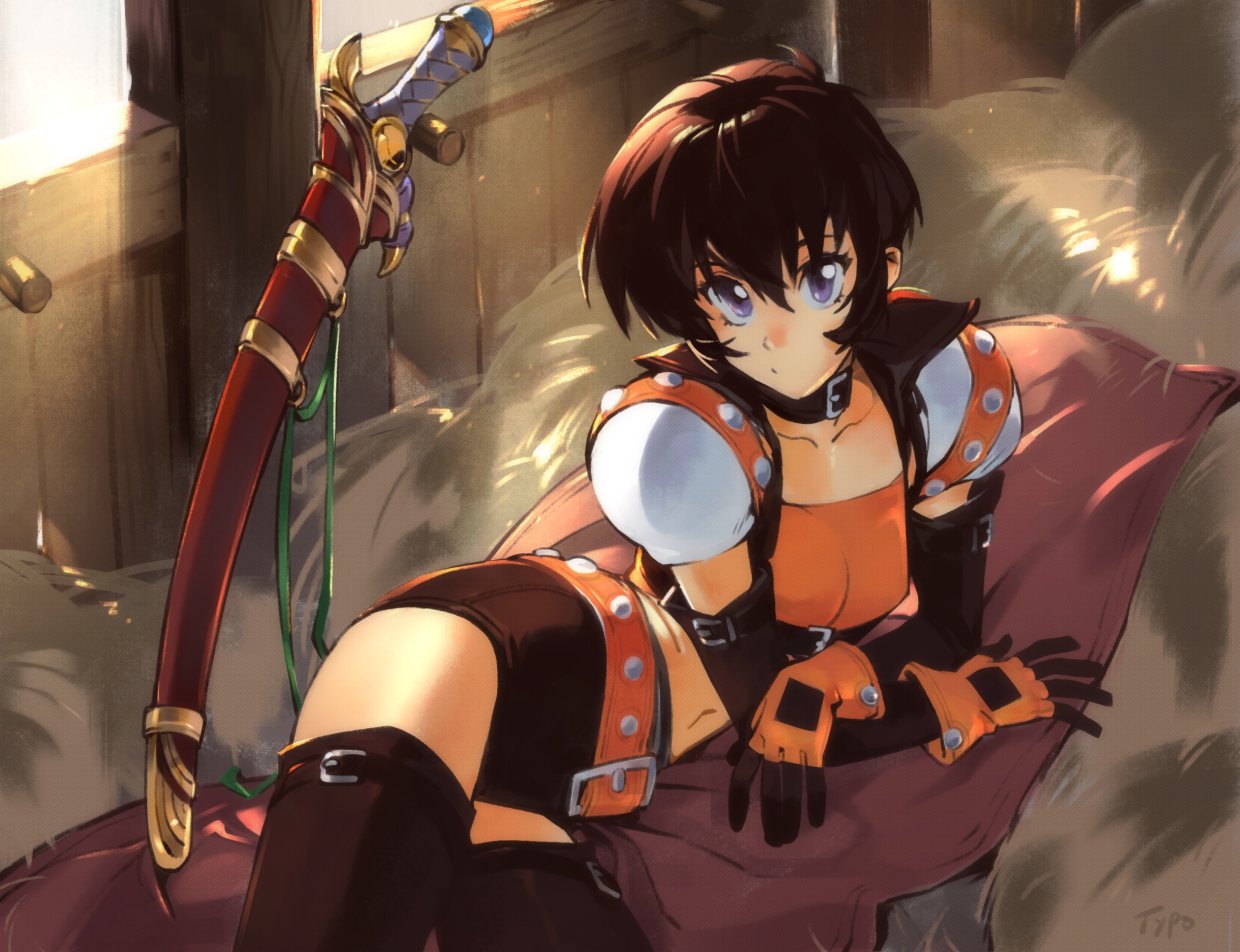 1girls, belt, black hair, blanket, choker, crop top, female, gloves, hair between eyes, leather, leather choker, looking at viewer, lying, midriff, navel, on side, optionaltypo, purple eyes, rutee katrea, sheath, sheathed, short hair, shorts, solo, sword, tales of (series), tales of destiny, thighhighs, very short hair, weapon