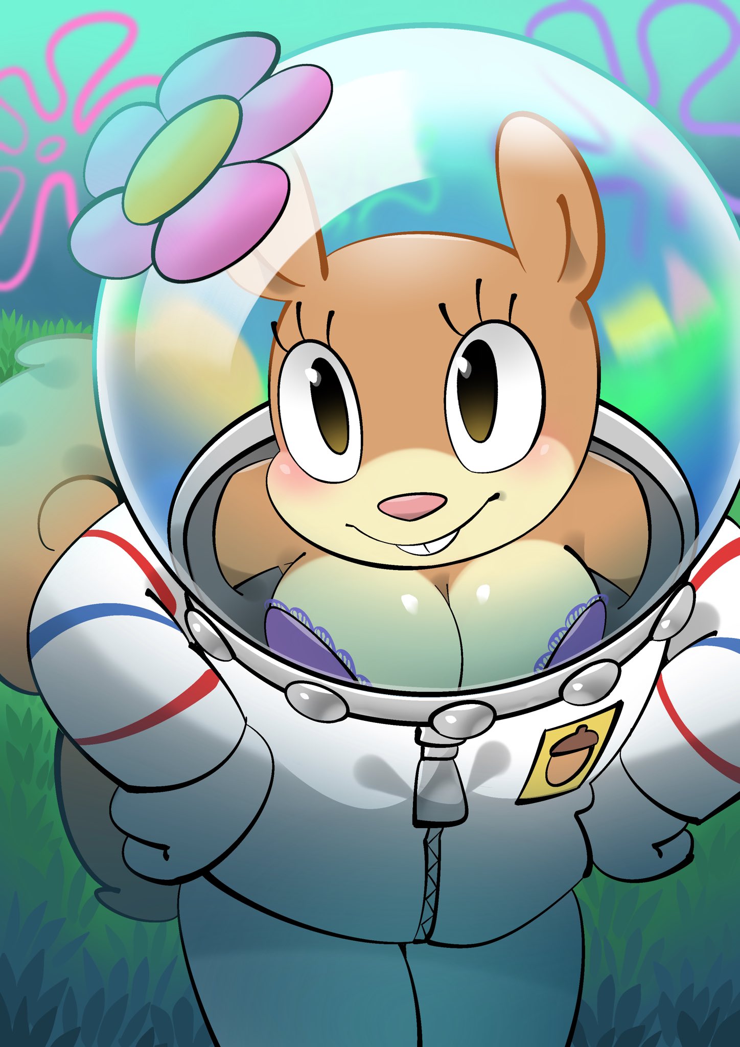 1girls, 2boys, anthro, big breasts, biped, black eyes, blush, bra, breasts, brown body, brown ears, brown fur, brown tail, buckteeth, cleavage, clothed, clothed anthro, clothed female, clothing, eyelashes, female, female anthro, flower, flower cloud (spongebob), fur, grass, hands on own hips, hi res, leaning, leaning forward, male, mammal, monodie, multicolored body, multicolored fur, nickelodeon, patrick star, pink flower, pink nose, plant, purple bra, purple clothing, purple underwear, rodent, sandy cheeks, sciurid, smile, solo focus, spacesuit, spongebob squarepants, spongebob squarepants (character), squirrel, standing, tail, tan body, tan fur, teeth, tree squirrel, two-tone body, two-tone fur, underwater, underwear, water