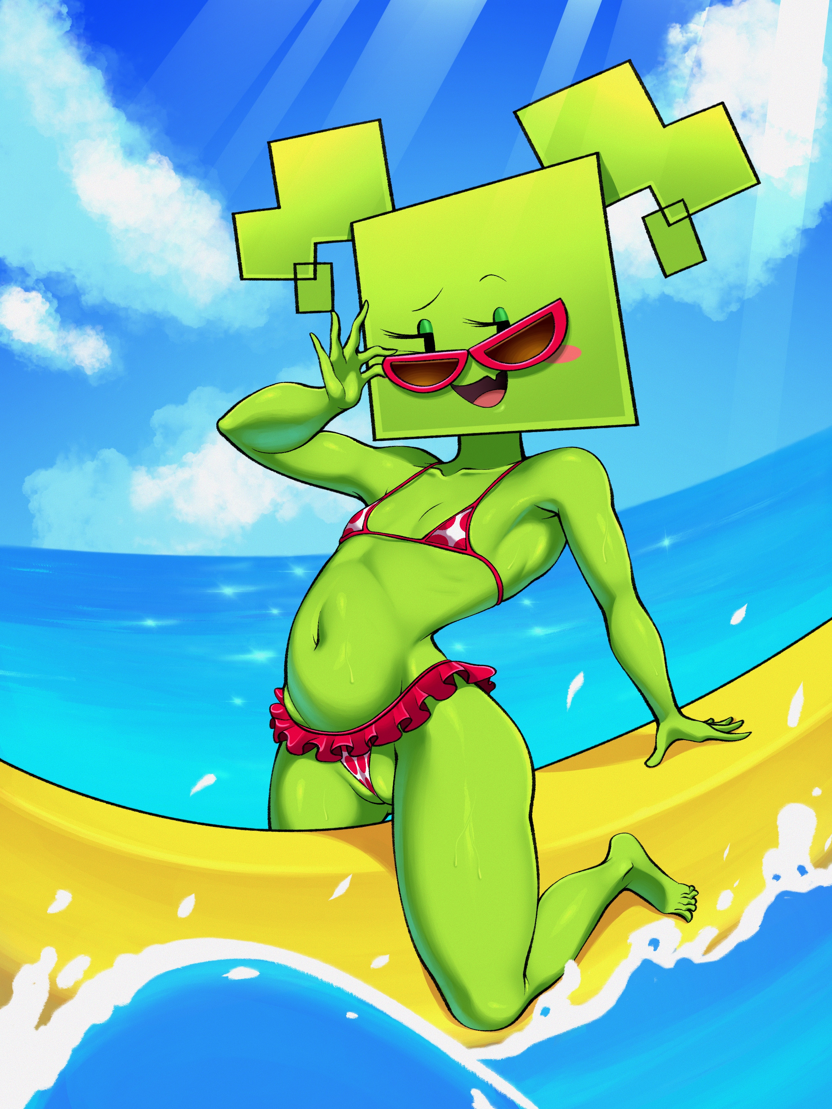1girls, 2025, banana boat, beach, bikini, bikini bottom, bikini top, cameltoe, eyelashes, female, female only, flat chested, flat colors, green body, hi res, highres, looking at viewer, mario (series), mimi (super paper mario), miniskirt, nintendo, open mouth, open smile, paper mario, pussy, revealing clothes, sea, shiny skin, sleepiitreat, smile, smiling, smiling at viewer, smug, solo, solo female, summer, sunglasses, sunlight, super paper mario, thick thighs, twintails, video games, wet, wet body
