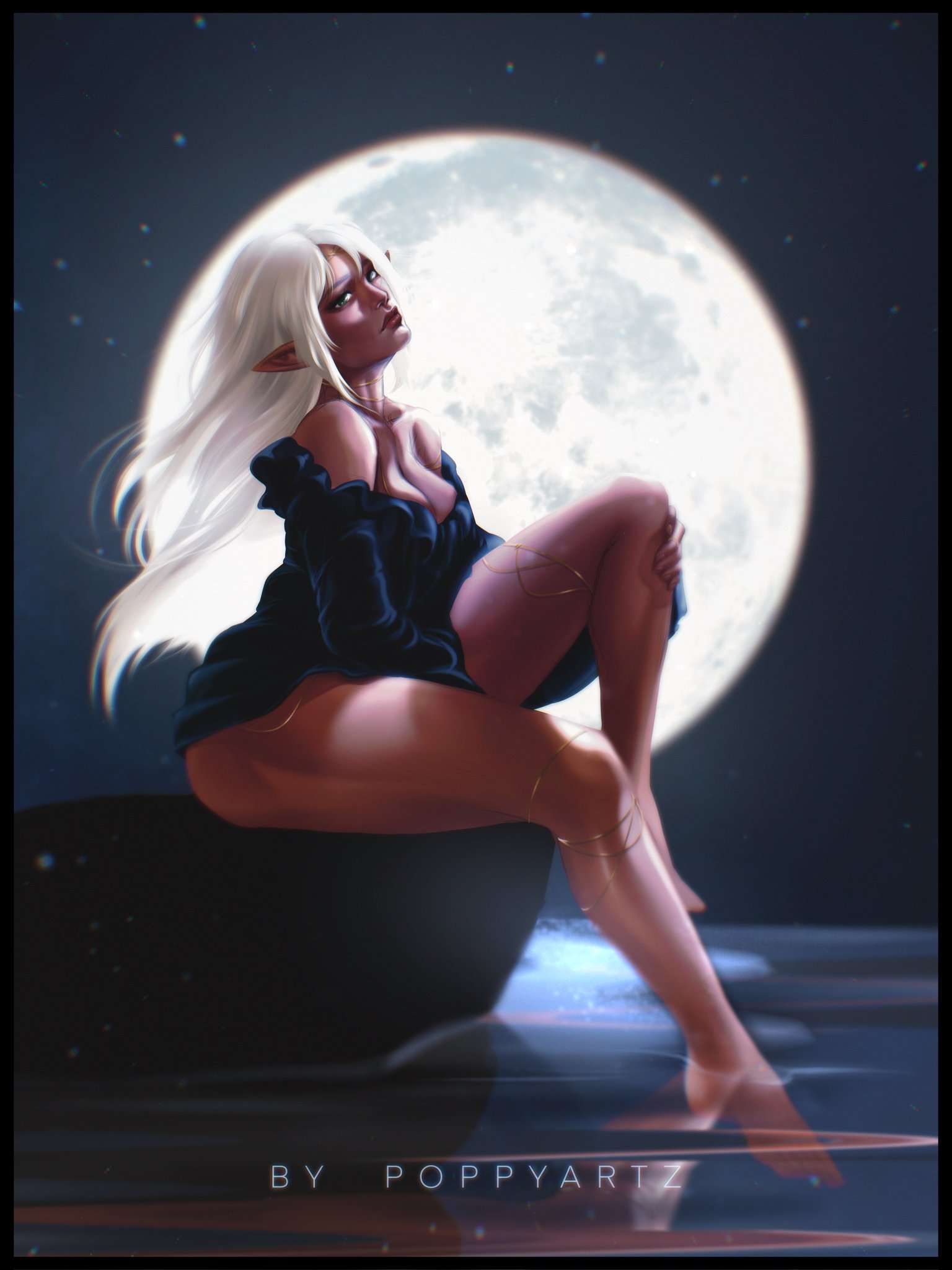 1girls baldur's_gate_3 bare_shoulders barefoot colored elf_female fanart forgotten_realms from_side green_eyes legs long_hair loose_hair moon night outdoors pointy_ears shadowheart sitting white_hair