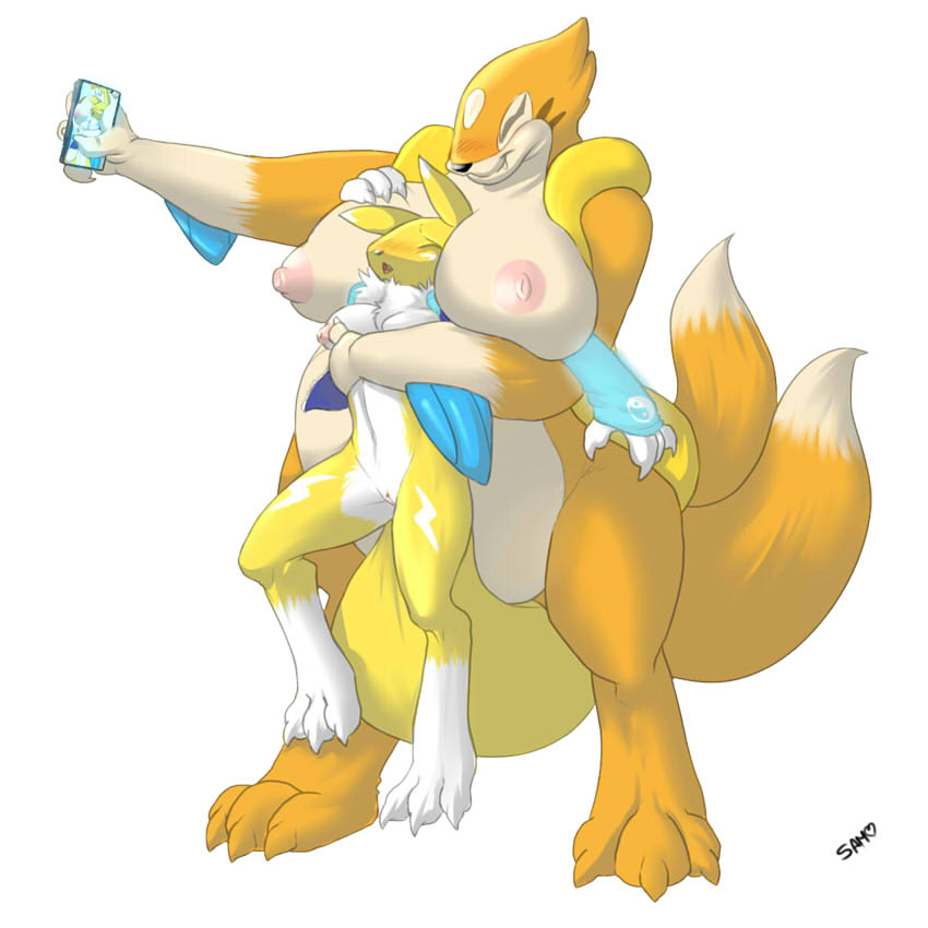 anthro bandai big_breasts blush breasts closed_eyes crossover digimon duo female floatzel huge_breasts nintendo nipples nude pokemon pussy renamon size_difference smile thunder-renamon video_games wide_hips yuri