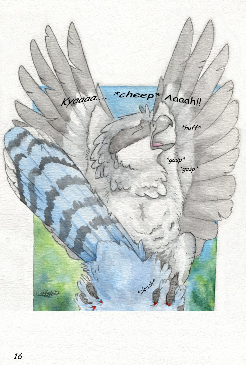 ambiguous_gender avian bird blood blue_jay closed_eyes comic duo english_text evan_(windpaw) feral feral_on_feral gasping male on_top open_mouth orgasm panting sex shrike talons text timothy_(windpaw) traditional_media_(artwork) windpaw