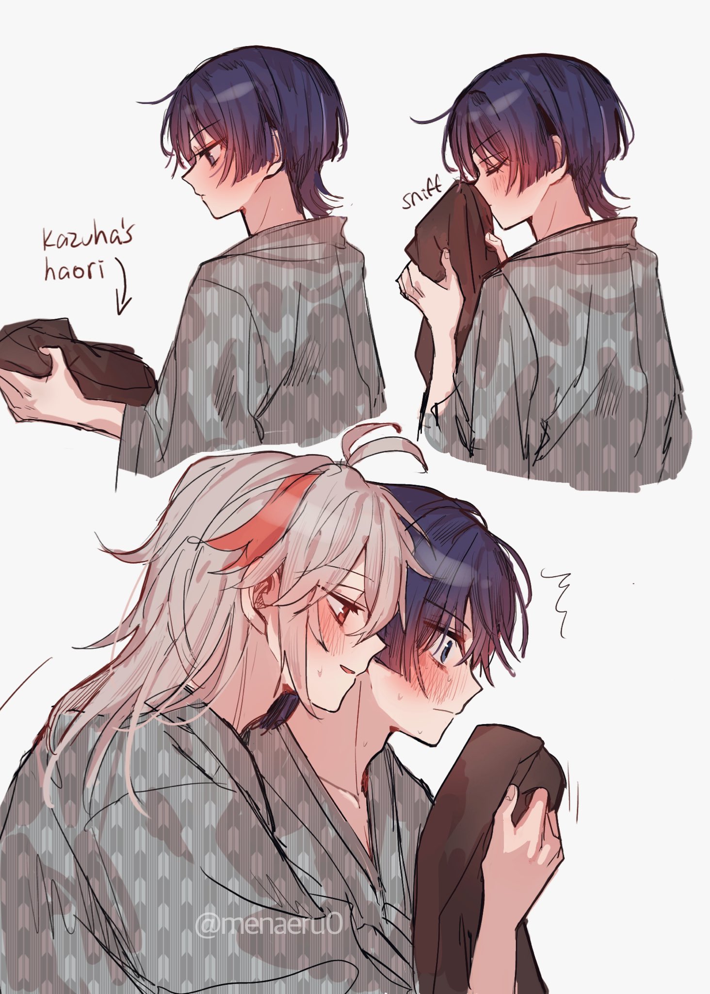 caught, cuddle, femboy, genshin impact, hug from behind, kaedehara kazuha, male, scaramouche (genshin impact), sniffing, sniffing clothes, tagme, wholesome, wholesome hug