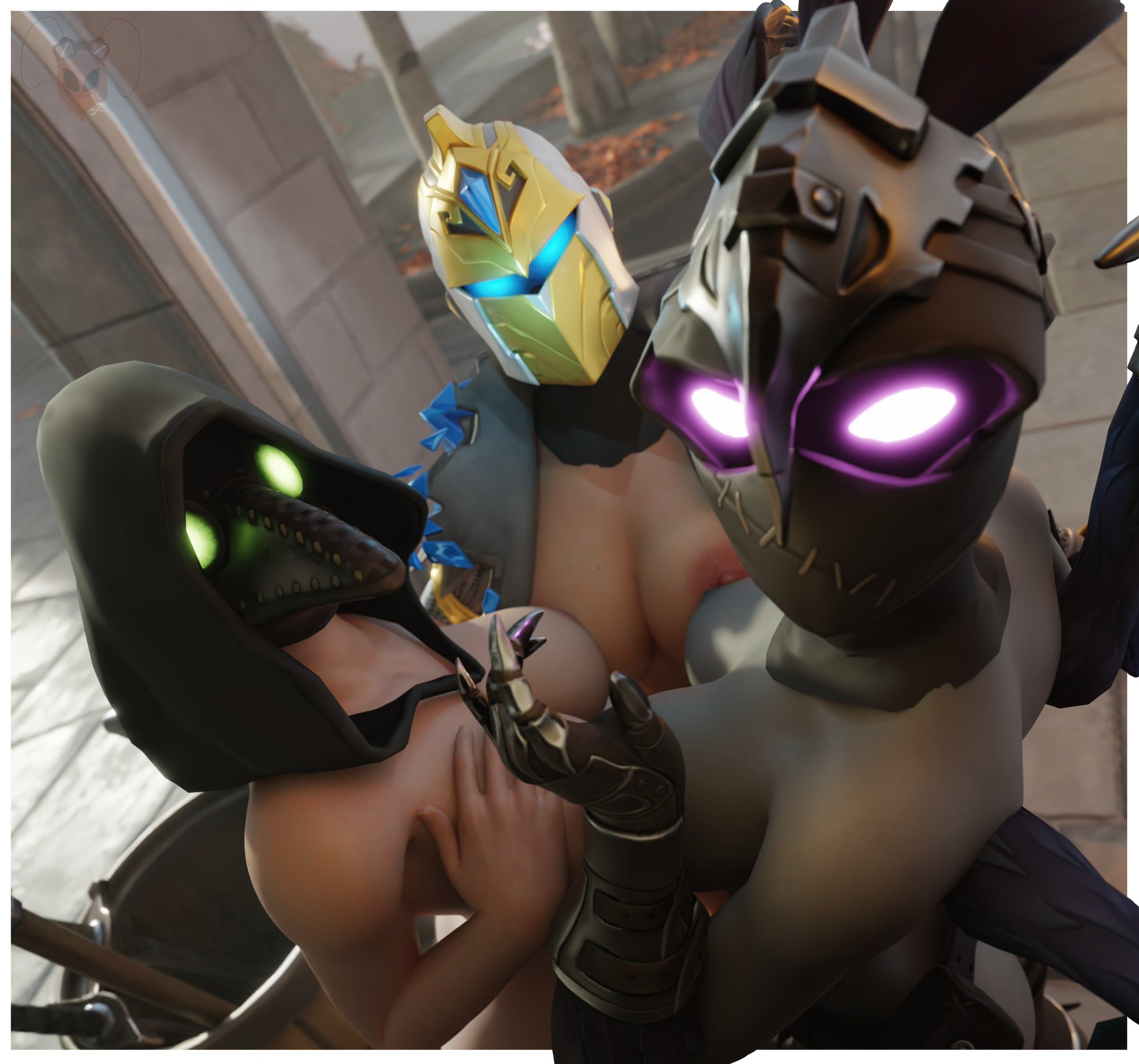 3d, 3girls, blender, breast press, breasts, breasts out, breasts squeezed together, female, female focus, female knight, female only, fortnite, fortnite: battle royale, helmet, hourglass figure, imminent sex, inviting to sex, knight, masked female, medieval, plague doctor, ravage (fortnite), scourge (fortnite), spectra knight (fortnite), stupidroach