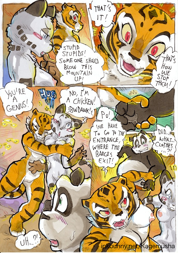 2014 2girls anthro areola bear better_late_than_never big_breasts breasts comic daigaijin dialogue english_text erect_nipples feline female hug inkbunny_username kung_fu_panda male mammal master_po_ping master_tigress nipples nude page_293 panda pussy text tiger