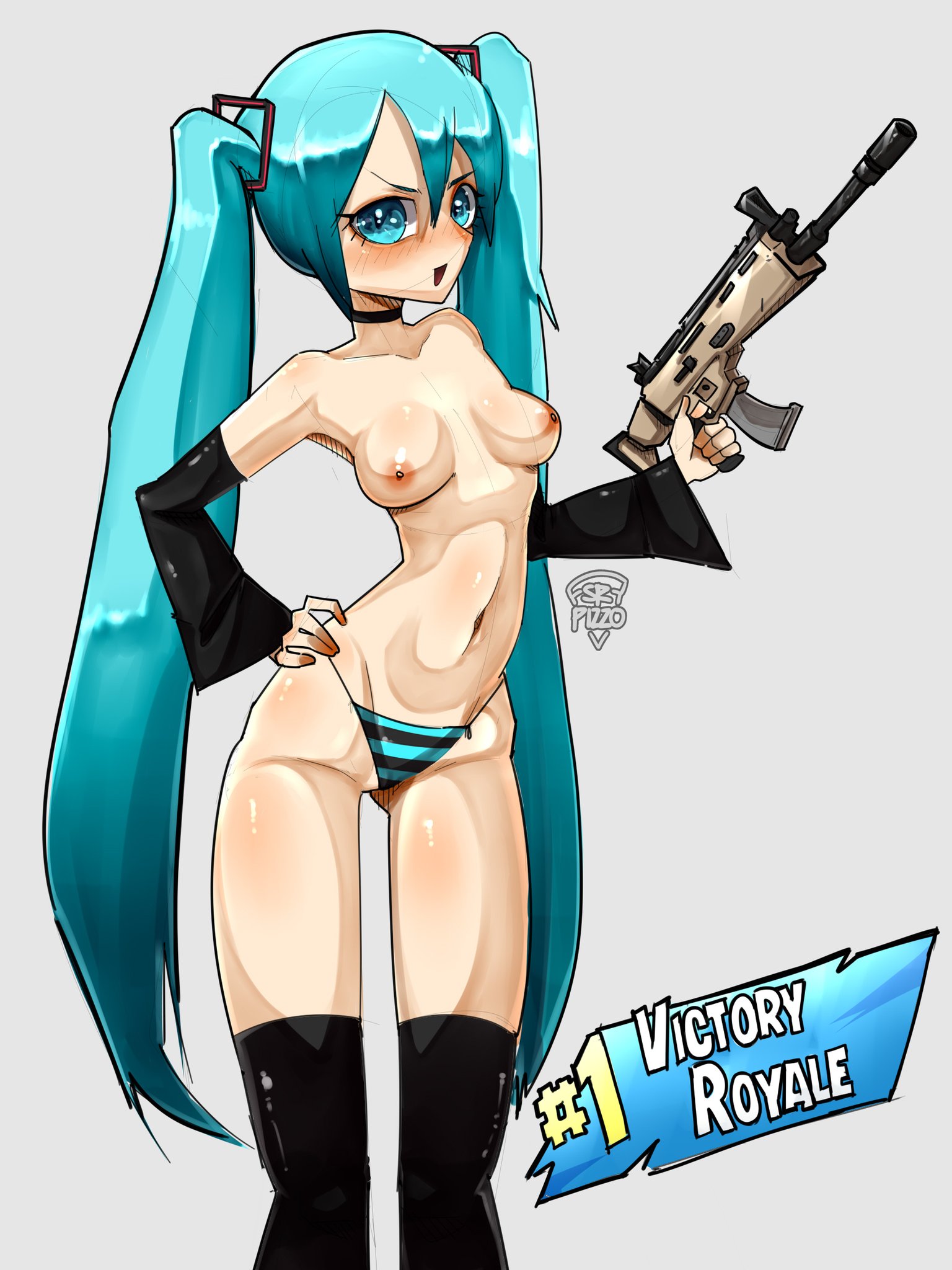 1girl, aqua eyes, aqua hair, ass, assault rifle, big ass, big breasts, big butt, blue eyes, blue hair, blush, breasts, choker, curvaceous, curvaceous female, curvaceous figure, curvy, curvy figure, curvy hips, cyan hair, detached sleeves, epic games, female, female focus, female only, fortnite, fortnite: battle royale, gun, hand on hip, hatsune miku, hatsune miku (fortnite), long hair, looking at viewer, navel, nipples, panties, rifle, skinny, skinny female, small breasts, solo, srpizzooo, striped, striped panties, thigh highs, thighhighs, topless, twintails, underwear, very long hair, vocaloid, weapon