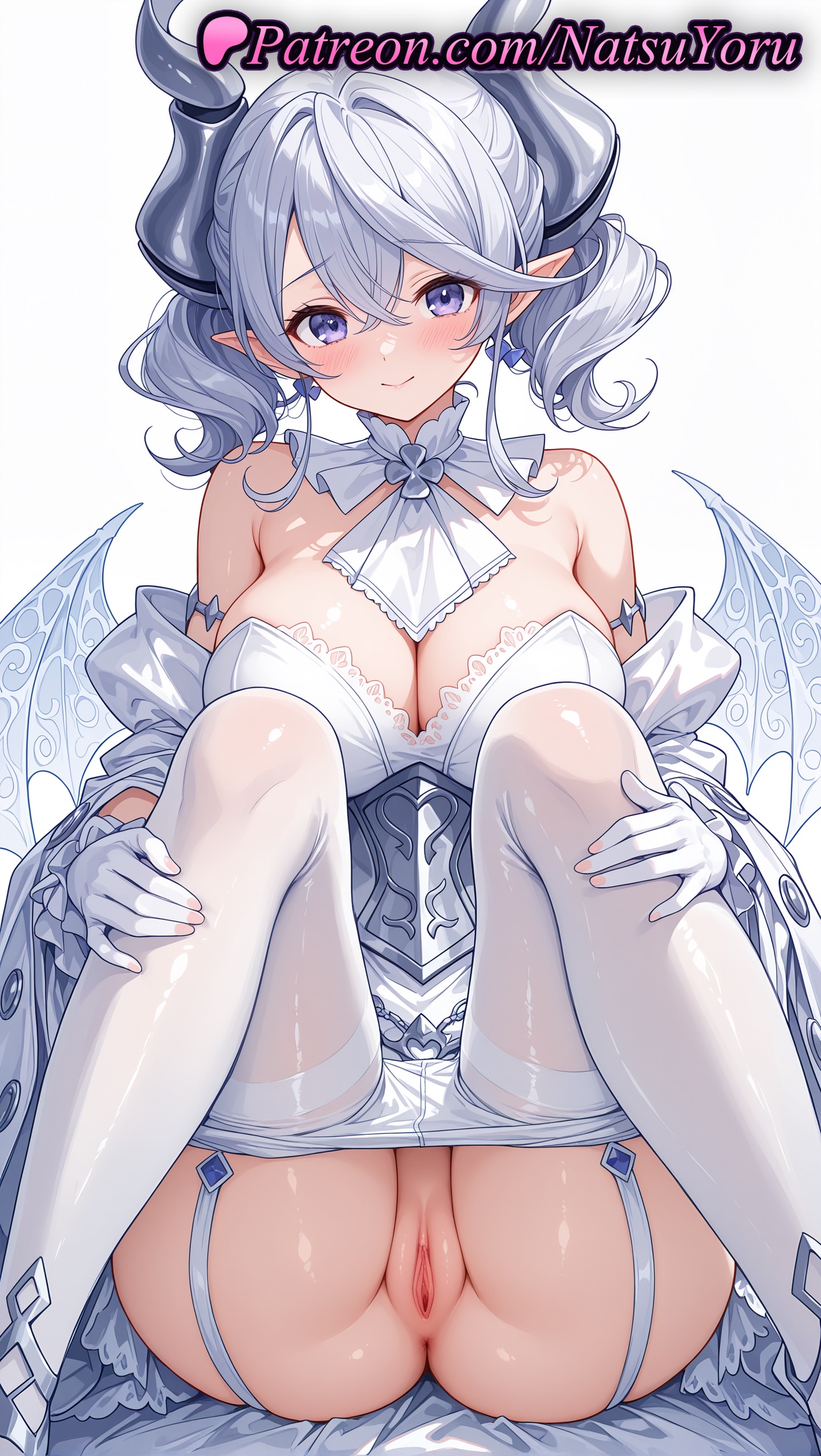 1girls, 2025, ai generated, anus, ass, asshole, bangs, blush, breasts, cleavage, clothes pull, demon, demon girl, demon horns, demon wings, dress, duel monster, earrings, female, gloves, hi res, highres, horns, jewelry, juicy butt, konami, labrynth of the silver castle, lady labrynth of the silver castle, large breasts, looking at viewer, lovely labrynth of the silver castle, low wings, natsuyoru, panties, panty pull, pantyhose, pantyhose pull, patreon, pointy ears, pussy, sitting, solo, thighhighs, twintails, underwear, vagina, voluptuous, voluptuous female, white dress, white gloves, white hair, white panties, white pantyhose, wings, yu-gi-oh!