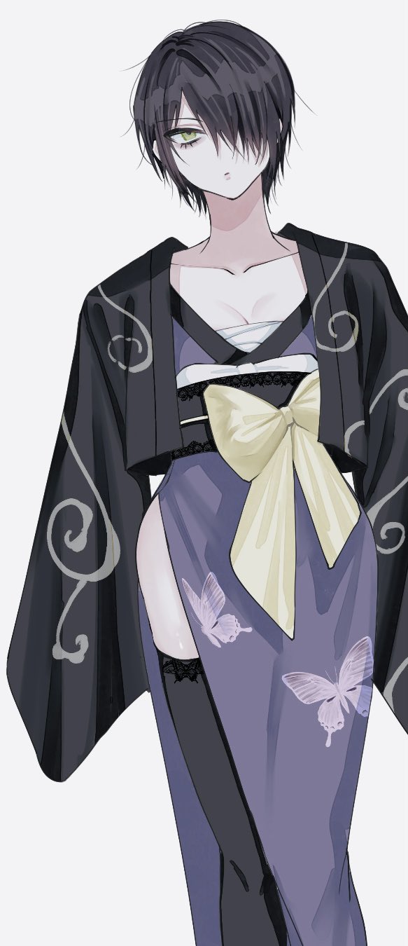 bags_under_eyes black_hair black_legwear black_thighhighs cleavage female female_only fully_clothed genderswap_(mtf) gintama green_eyes hair_over_one_eye haori japanese_clothes kimono looking_at_viewer n_e_g_aaaa obi pale-skinned_female pale_skin rule_63 sarashi short_hair side_slit solo takasugi_shinsuke thighhighs very_short_hair wide_hips