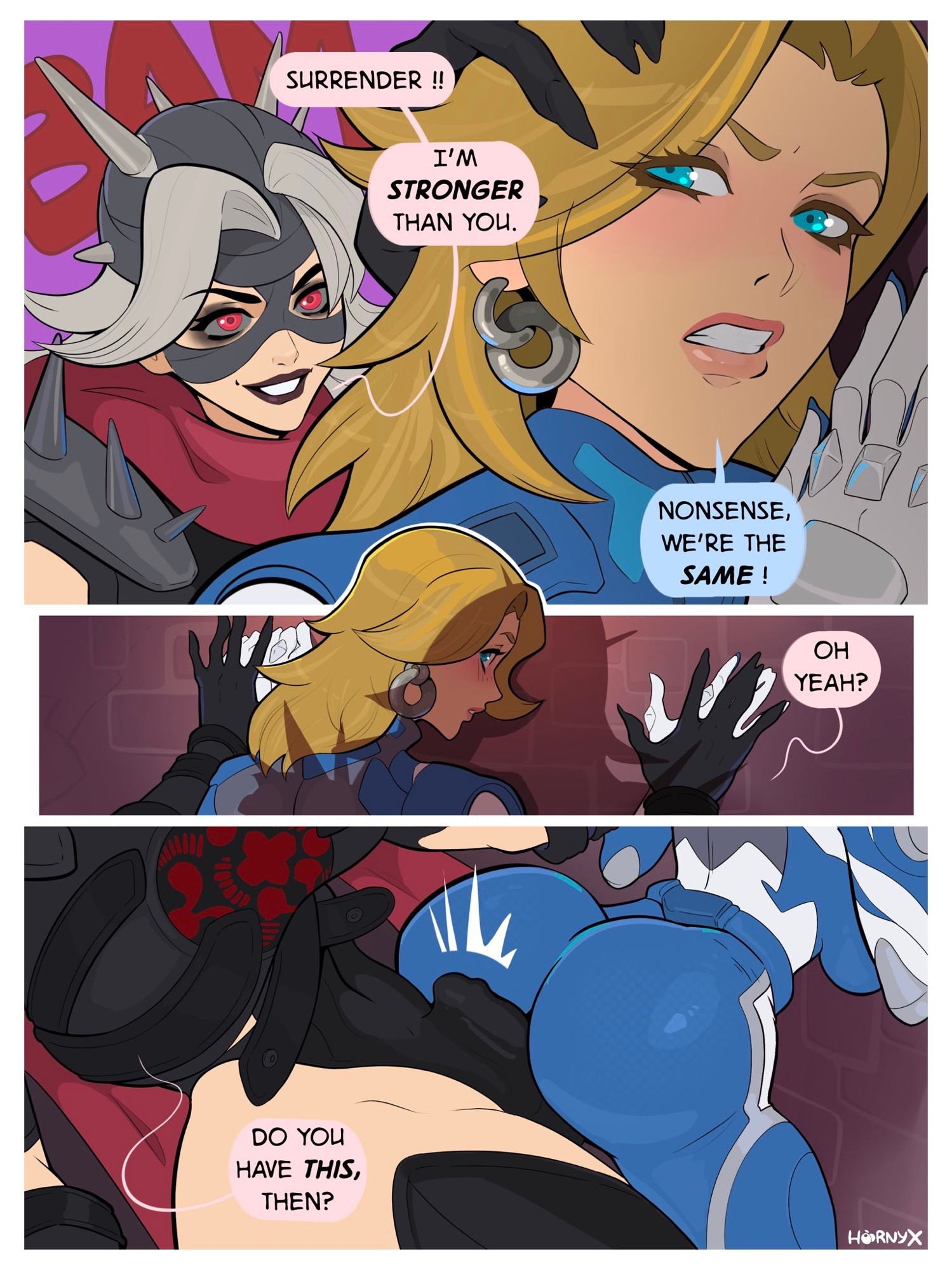 1futa, 1girls, 2025, 2d, ass, before sex, blonde hair, blue eyes, bulge, bulge through clothing, clothed, clothing, comic, comic page, dialogue, digital media (artwork), erection, fantastic four, female, futa on female, futanari, hornyx, intersex, invisible woman, invisible woman (marvel rivals), malice (marvel rivals), malice (marvel), marvel, marvel comics, marvel rivals, red eyes, selfcest, sue storm, white hair