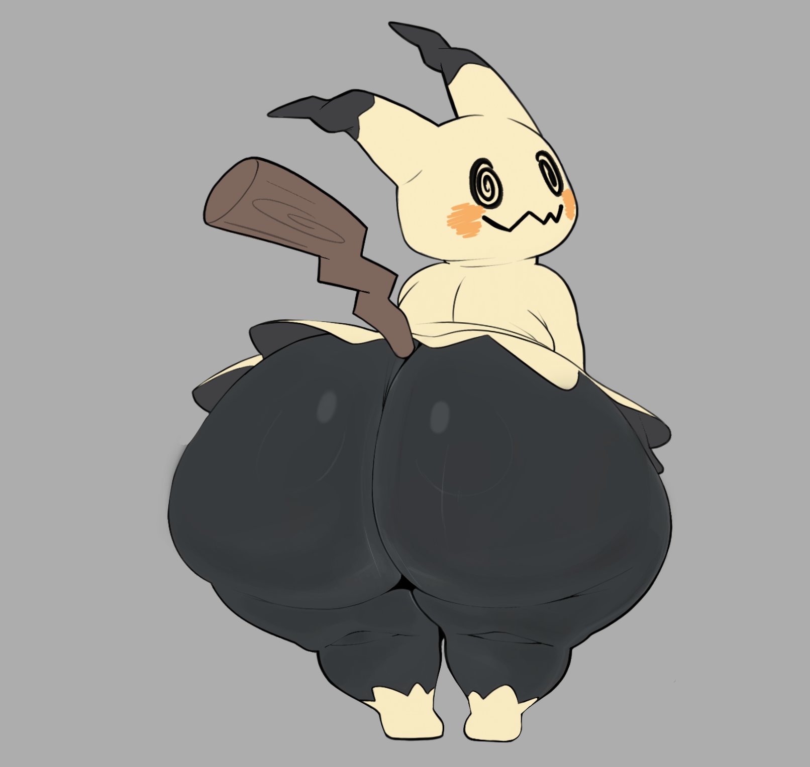 1other, 2025, ai assisted, ai generated, ambiguous gender, anthro, anthro only, ass, ass focus, black eyes, black skin, bubble ass, bubble butt, furry, furry only, huge ass, hyper ass, looking back, mimikyu, pokemon, pokemon (species), pokemon sm, psymen, shortstack, simple background, smile, smiling, solo, thick thighs, wide hips