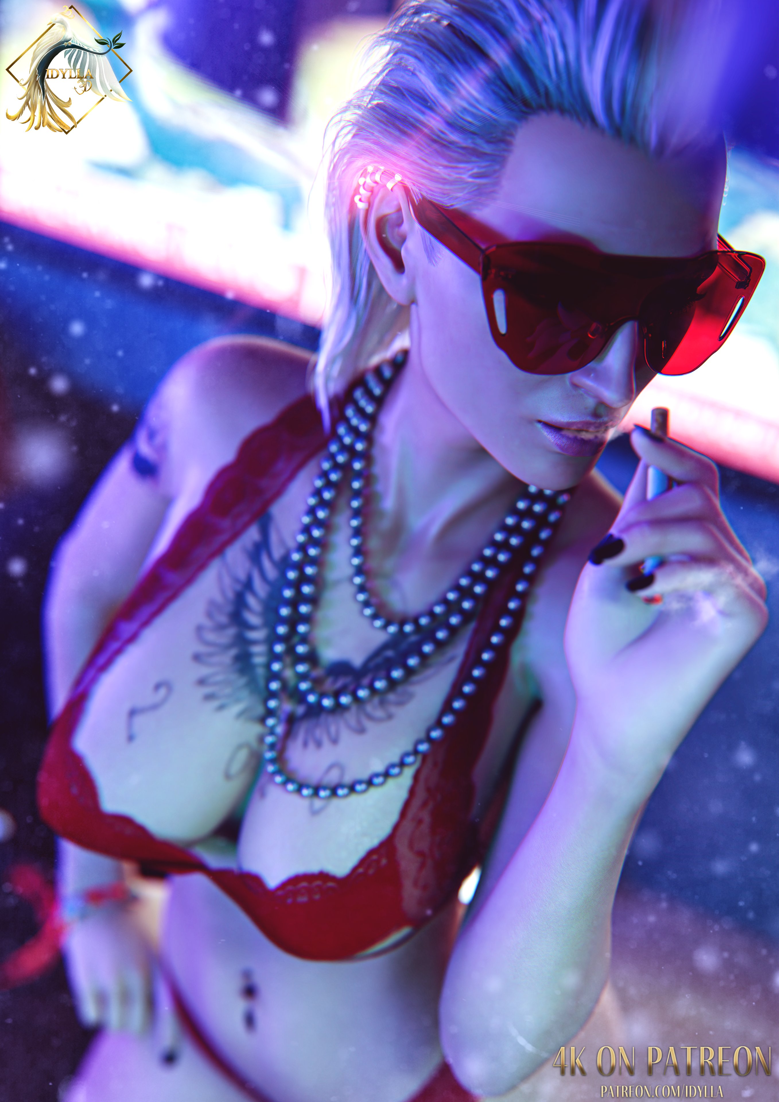 1girls, 2025, 3/4 view, 3d, arm tattoo, black nail polish, blonde hair, bra, breasts, chest tattoo, cigarette, cigarette smoke, cleavage, covered nipples, cyberpunk 2077, eyewear, female, female only, glasses, hand on hip, holding cigarette, idylla, indoors, lingerie, lingerie only, lit cigarette, medium breasts, medium hair, meredith stout, nail polish, navel, navel piercing, necklace, painted nails, panties, red lingerie, red tinted eyewear, slicked back hair, solo, standing, tattoo, tinted eyewear, visor glasses