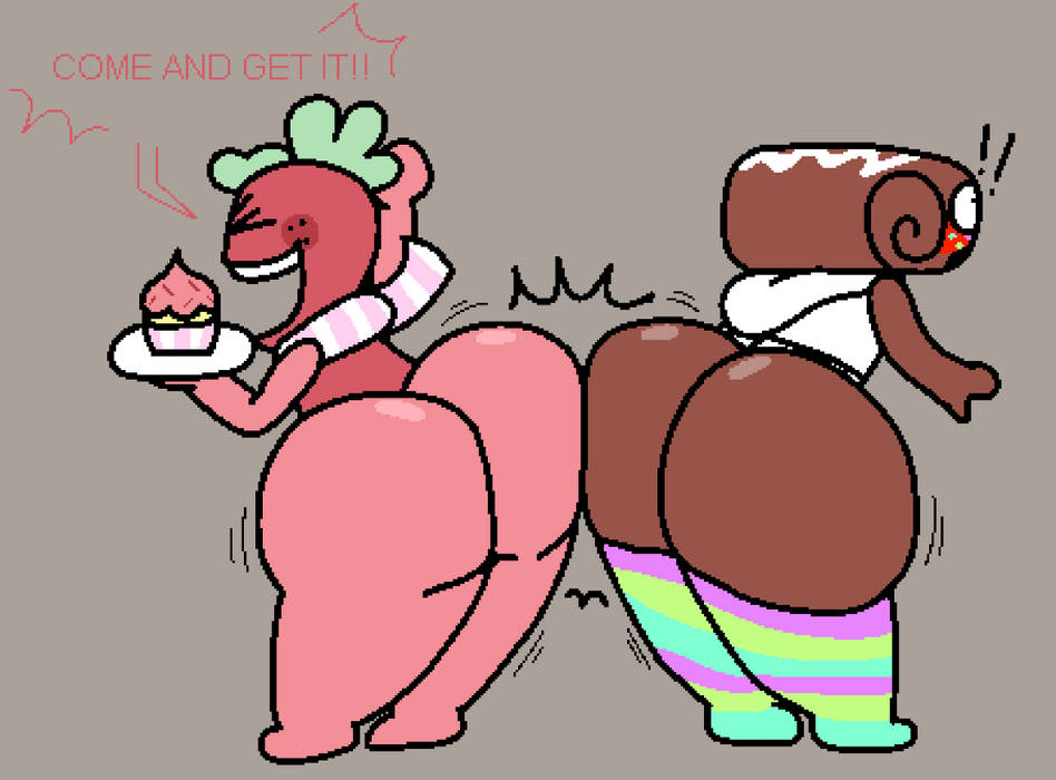 !!, 2boys, ass, ass to ass, big ass, big butt, blush, bubble ass, bubble butt, bumping asses, cooluthink, cosmo (dandy's world), cupcake, dandy's world, dark skin, dark-skinned femboy, dark-skinned male, femboy, holding object, male, male only, open mouth, pastry, pixel art, shocked, socks, sprout (dandy's world), strawberry, text