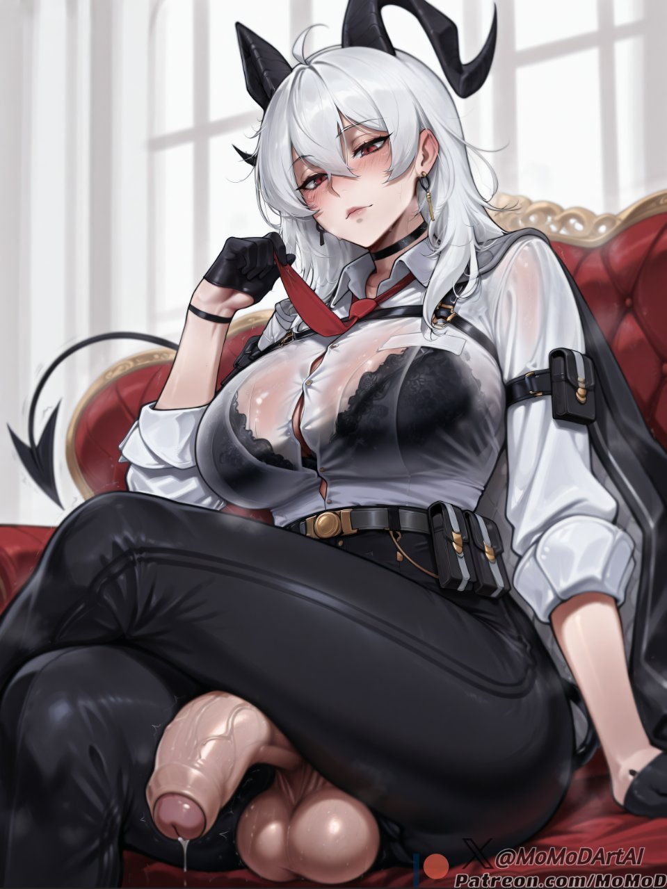 1futa, ahoge, ai generated, black bra, black gloves, bra visible through clothes, breasts, crossed legs, demon tail, earrings, foreskin, futanari, horns, intersex, momodart, penis, precum, red eyes, silver hair, sitting, stable diffusion, tagme, uncircumcised, wuthering waves, zani (wuthering waves)