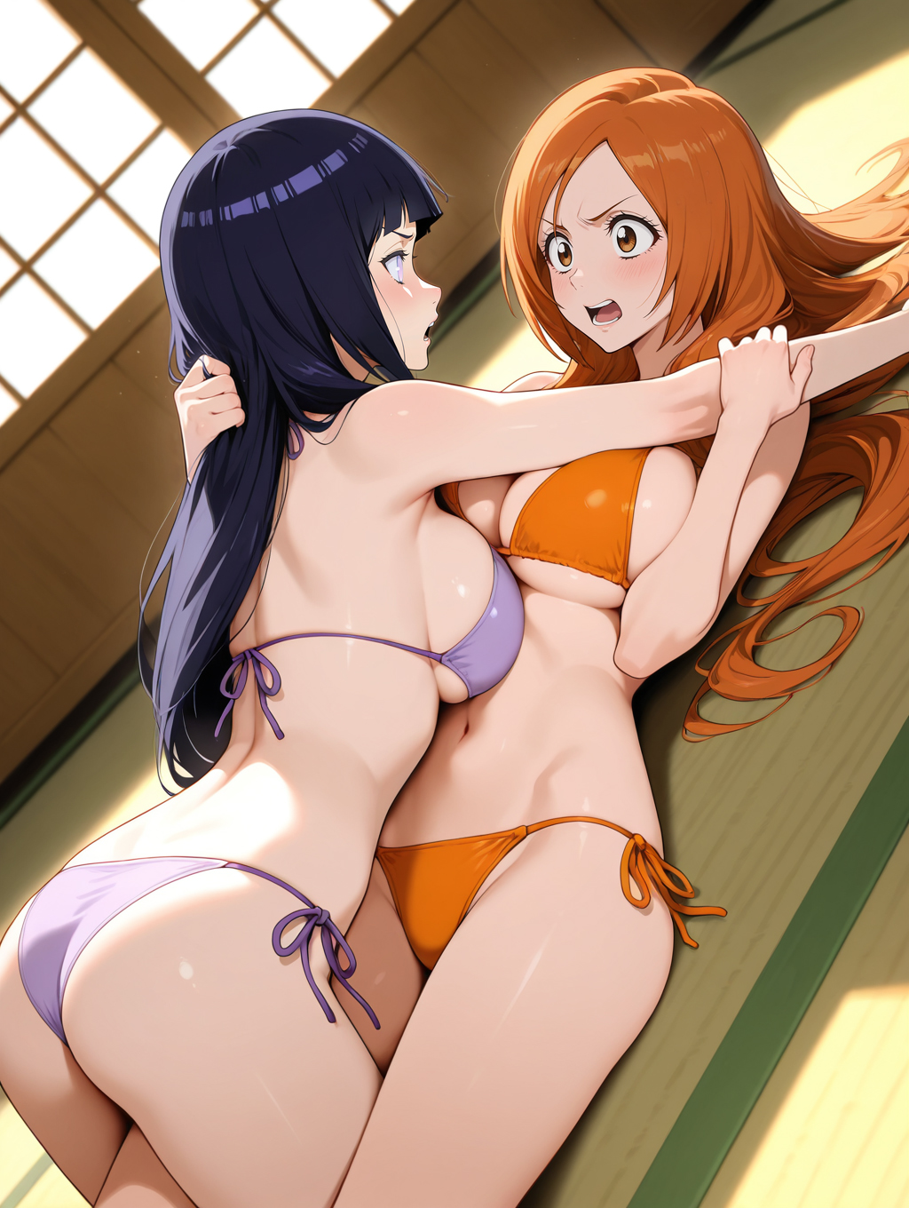 2girls, ai generated, big breasts, bikini, bleach, breasts, catfight, crossover, female, fight, hyuuga hinata, inoue orihime, long hair, naruto, naruto (series), orange hair, stare, tagme, yuri