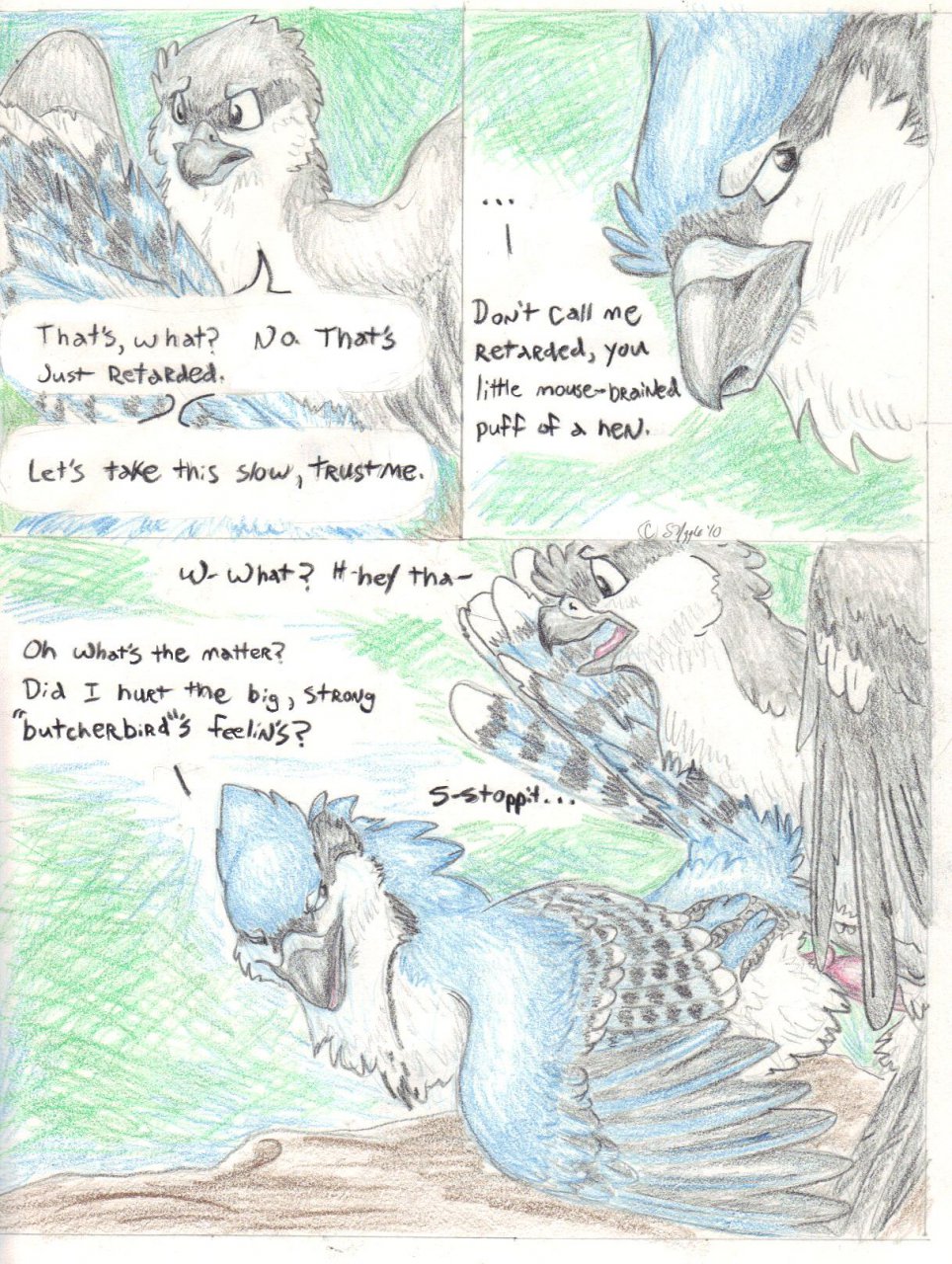 ambiguous_gender avian bird blue_jay comic dialogue english_text erection evan_(windpaw) feral feral_on_feral looking_back lying male on_front on_top penis sex shrike text timothy_(windpaw) traditional_media_(artwork) windpaw