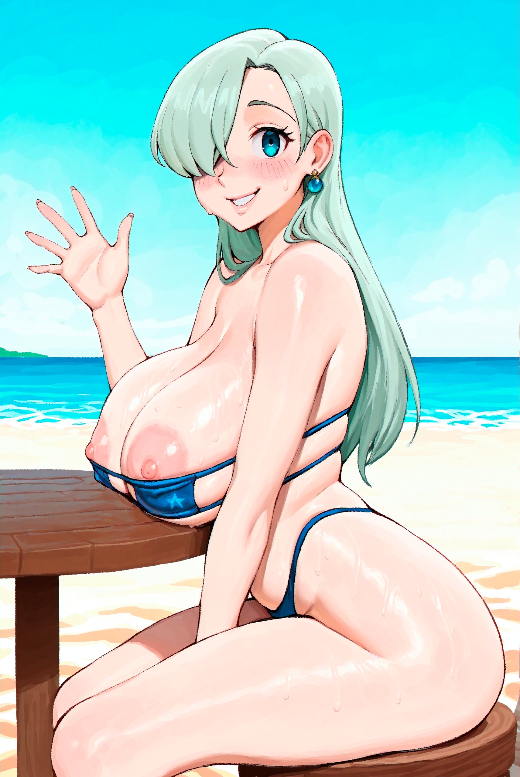 1girls, ai generated, bikini, blue eyes, elizabeth liones, female, female focus, female only, light skin, light-skinned female, looking at viewer, nanatsu no taizai, nipples, pale skin, pale-skinned female, seven deadly sins, silver hair, solo, solo female, solo focus, yoaebi