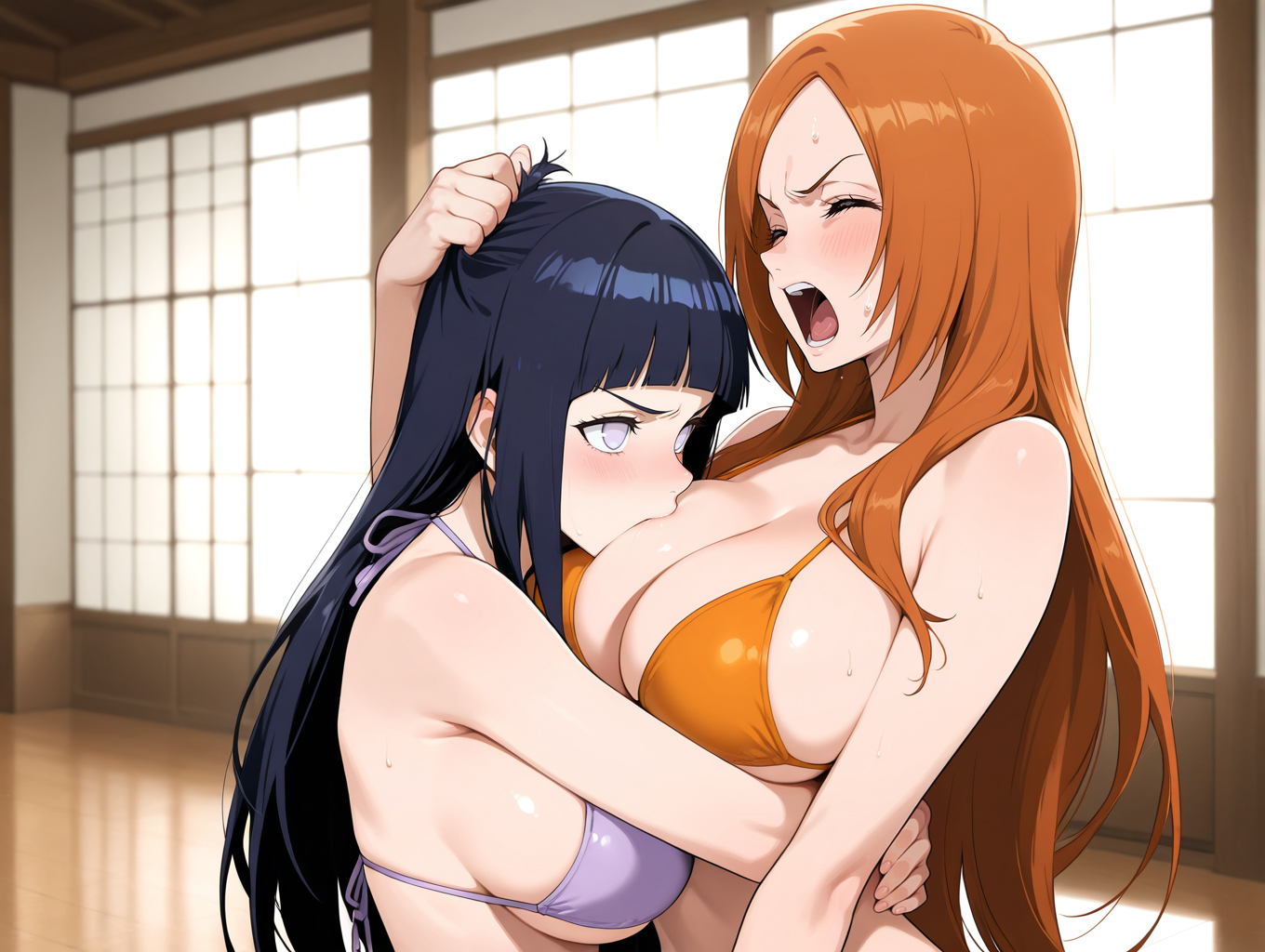 2girls, ai generated, big breasts, bikini, bite, bleach, breasts, catfight, crossover, female, fight, hair pull, hair pulling, hyuuga hinata, inoue orihime, long hair, naruto, naruto (series), orange hair, stare, yuri