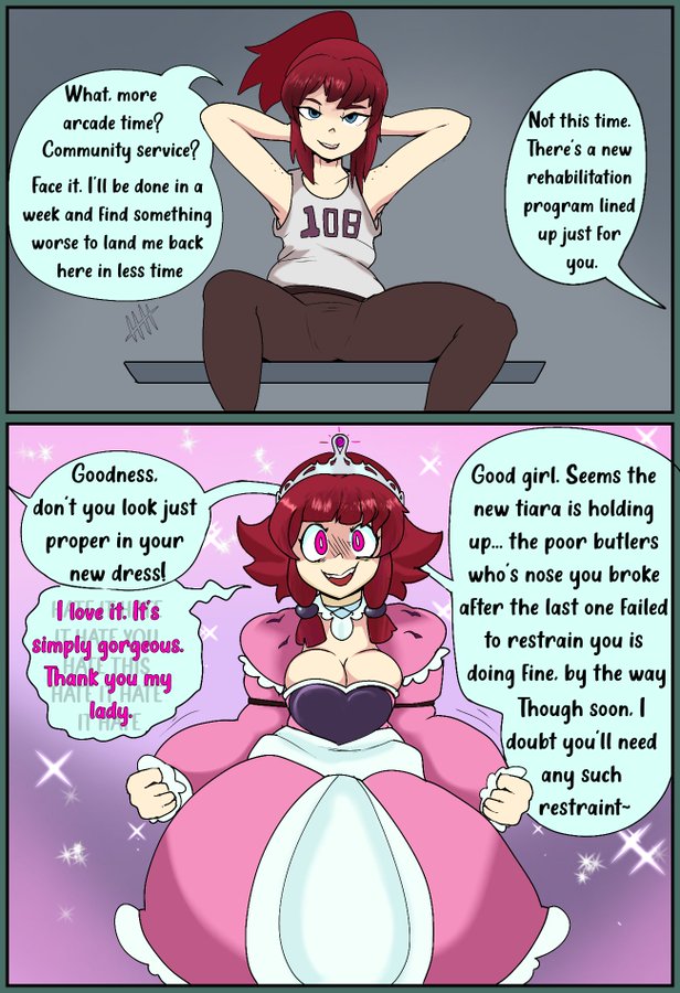 altered common sense, altered perception, body control, brat, bratty, bratty correction, breast expansion, breast growth, breast growth (enlargement), breasts, busty, clothing, delinquent, faetomi, female, forced, grammatical error, mind control, nyx (faetomi), princess, princess dress, princessification, punishment, red hair, silver tiara, tiara, transformation, typo