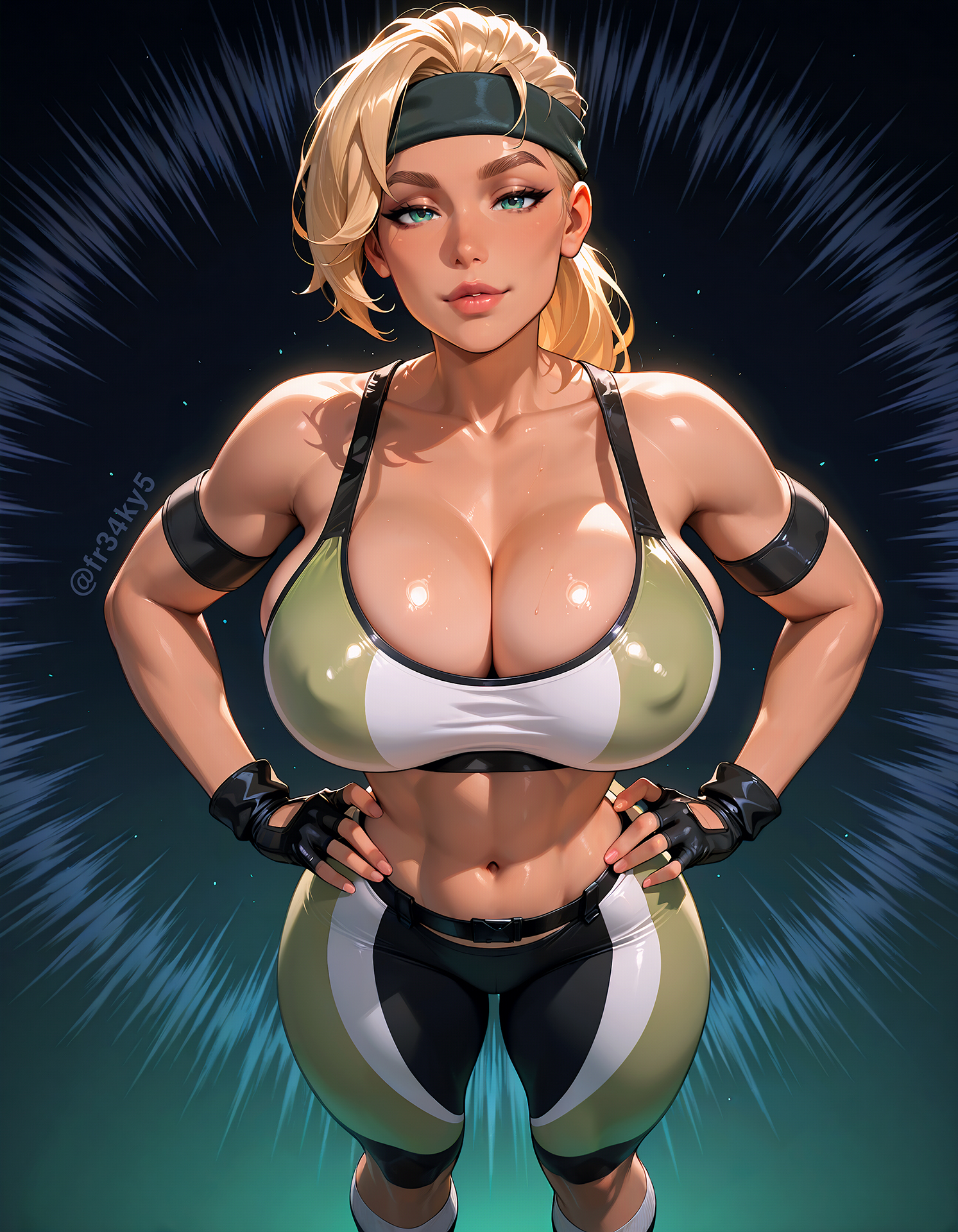 ai generated, blonde hair, breasts, cleavage, crop top, female, fr34ky, huge breasts, leggings, midriff, mortal kombat, mortal kombat 3, sonya blade, tanned