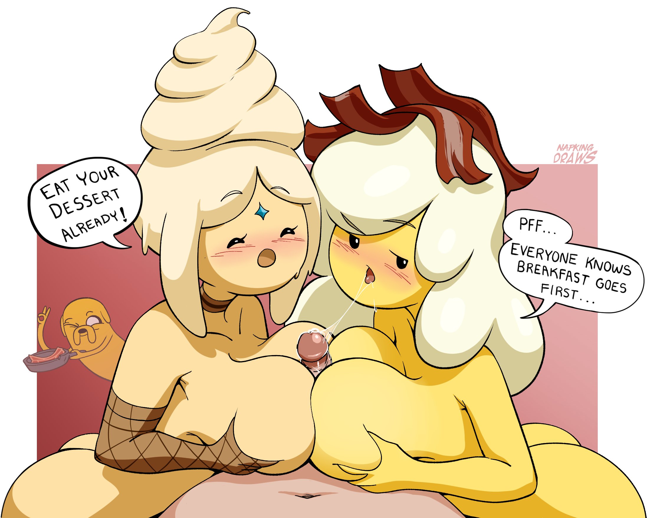 2boys, 2girls, adventure time, big breasts, breakfast princess, breasts, cartoon network, double paizuri, female, female focus, finn the human, frozen yogurt princess, humanoid, jake the dog, male, napking, paizuri, sex