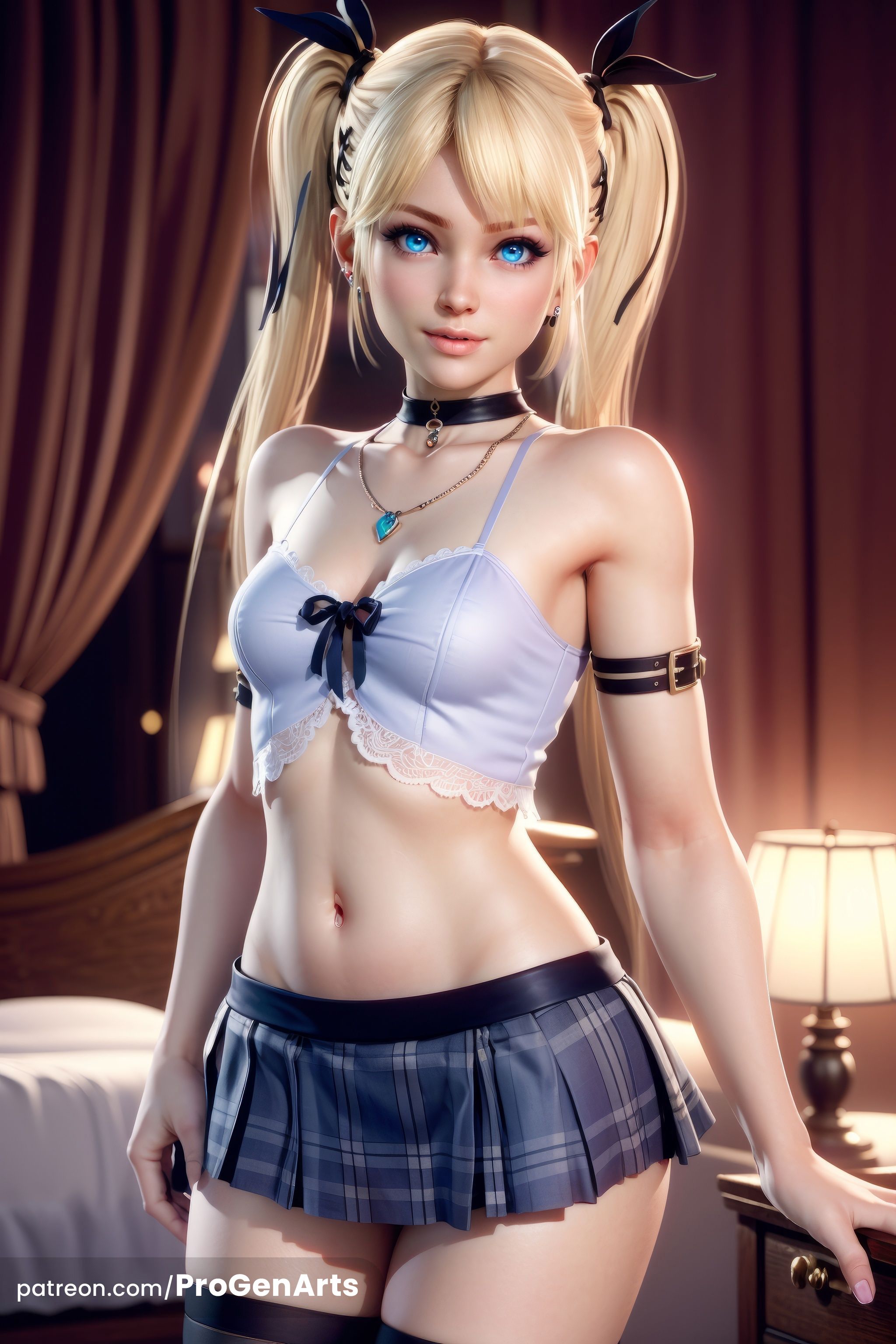 1girls, ai generated, arm strap, artist name, bare shoulders, bed, black choker, black ribbon, black thighhighs, blonde hair, blue eyes, blue skirt, blurry, blurry background, breasts, camisole, choker, cleavage, collarbone, cowboy shot, crop top, curtains, dead or alive, dead or alive 5, dead or alive 5 last round, dead or alive 6, earrings, female, hair ornament, hair ribbon, hi res, indoors, jewelry, lamp, lips, long hair, looking at viewer, marie rose, midriff, miniskirt, navel, necklace, nose, patreon username, pendant, piercing, plaid, plaid skirt, pleated skirt, progenarts, ribbon, skirt, small breasts, solo, standing, stomach, thighhighs, twintails, x hair ornament, zettai ryouiki