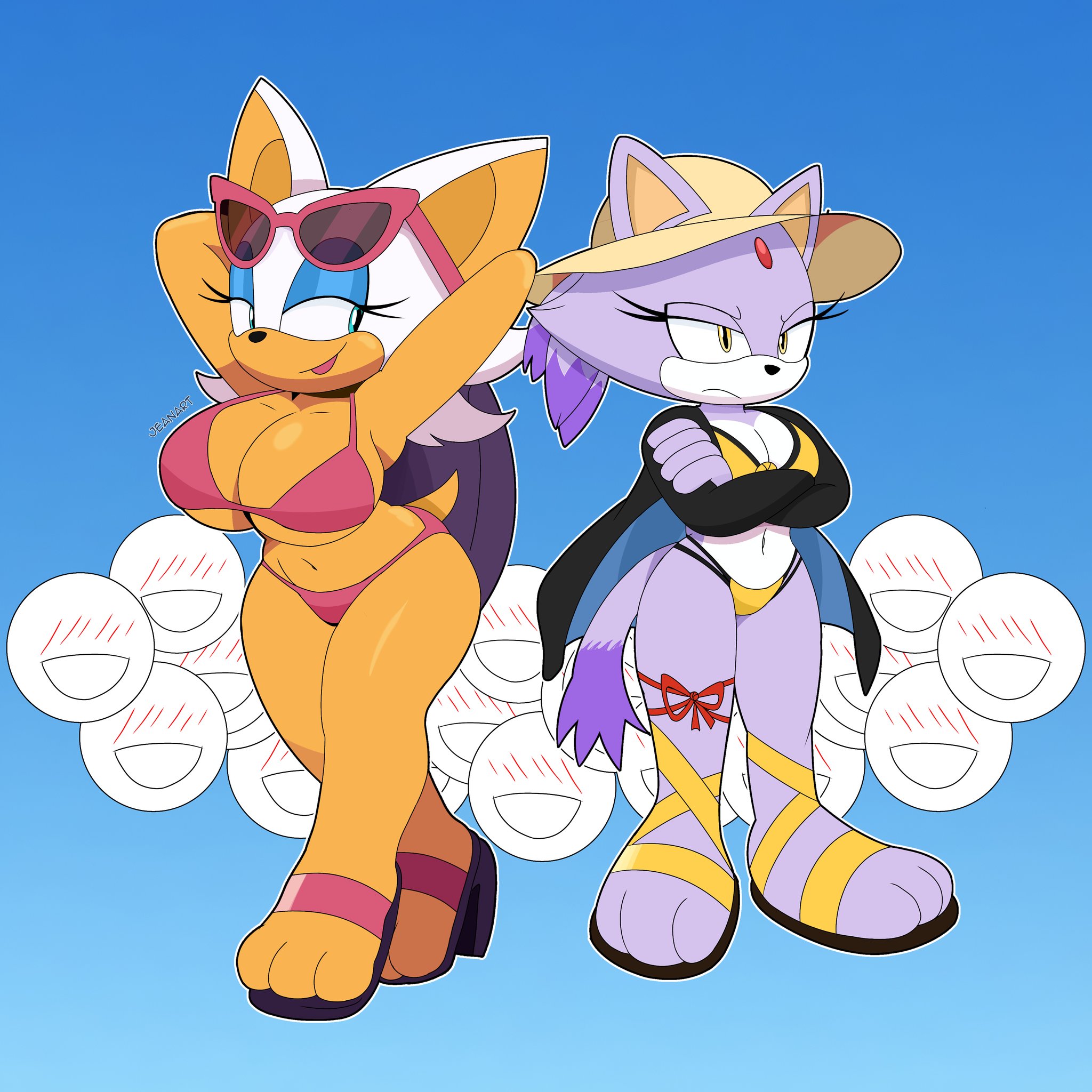 1:1, anthro, bat, big breasts, big ears, black nose, blaze the cat, blue background, blue eyeshadow, breasts, clothing, crossed arms, dipstick tail, domestic cat, duo, eyeshadow, eyewear, eyewear on head, feet, felid, feline, felis, female, footwear, forehead gem, front view, fur, gem, green eyes, hands behind head, hat, headgear, headwear, hi res, jeanart, makeup, mammal, markings, navel, orange body, orange fur, pink clothing, pink swimwear, purple body, purple fur, rouge the bat, sandals, sega, shoes, simple background, smile, sonic (series), sonic the hedgehog (series), sun hat, sunglasses, sunglasses on head, swimwear, tail, tail markings, thick thighs, white body, white fur, wide hips, yellow eyes