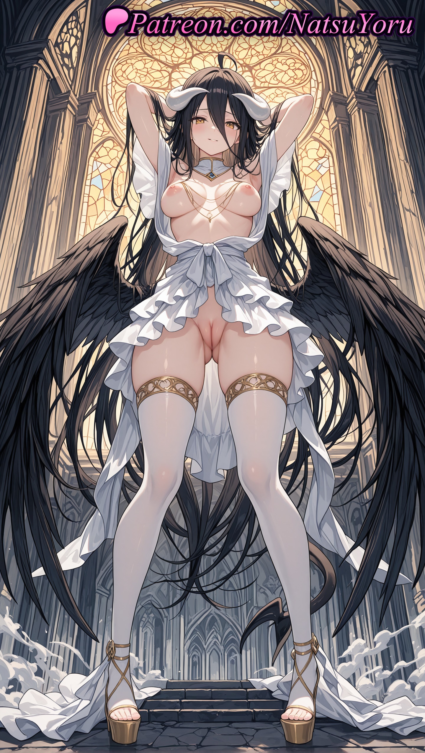 1girls, 2025, ahoge, ai generated, albedo (overlord), arms behind head, arms up, ass visible through thighs, black hair, black wings, breasts, breasts out, demon, demon girl, demon horns, demon wings, dress, feathered wings, female, full body, hair between eyes, hi res, highres, horns, labia, large breasts, long hair, looking at viewer, low wings, natsuyoru, nipples, no panties, overlord (maruyama), patreon, pussy, smile, solo, standing, thighhighs, thighs, toes, uncensored, vagina, very long hair, voluptuous, voluptuous female, white dress, white horns, white thighhighs, wings, yellow eyes