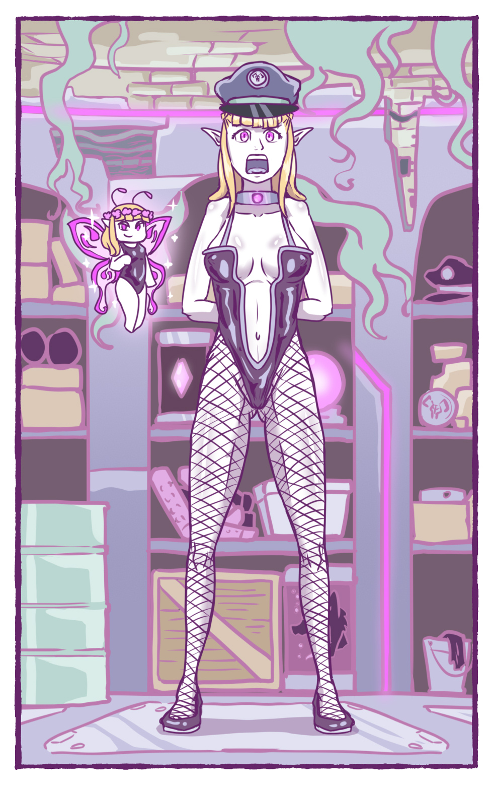 2girls belly.a.seleme blonde_hair blue_eyes breasts dungeon_meshi duo elf fairy fairy_(dungeon_meshi) female female_combatant female_only indoors long_hair mind_control pattadol tagme