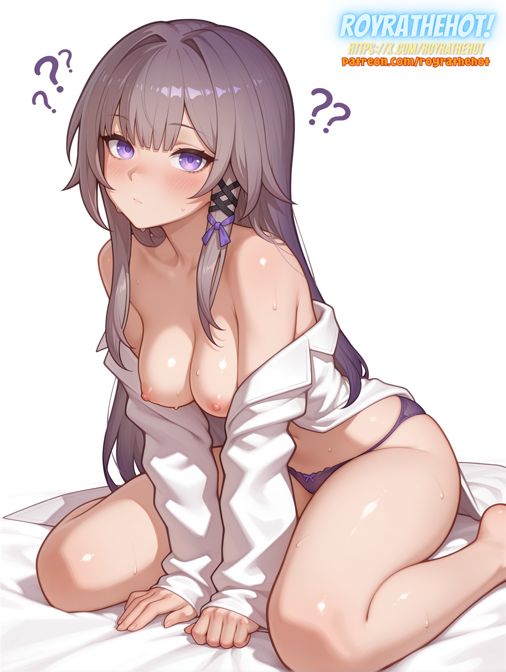 ?, ai generated, female, grey hair, hair between eyes, hair ribbon, herta (honkai: star rail), honkai: star rail, light skin, light-skinned female, long hair, nude, nude female, purple eyes, purple hair, purple panties, royrathehot, sidelocks, simple background, solo, sweat, the herta (honkai: star rail), wariza, watermark, white shirt, x hair ornament