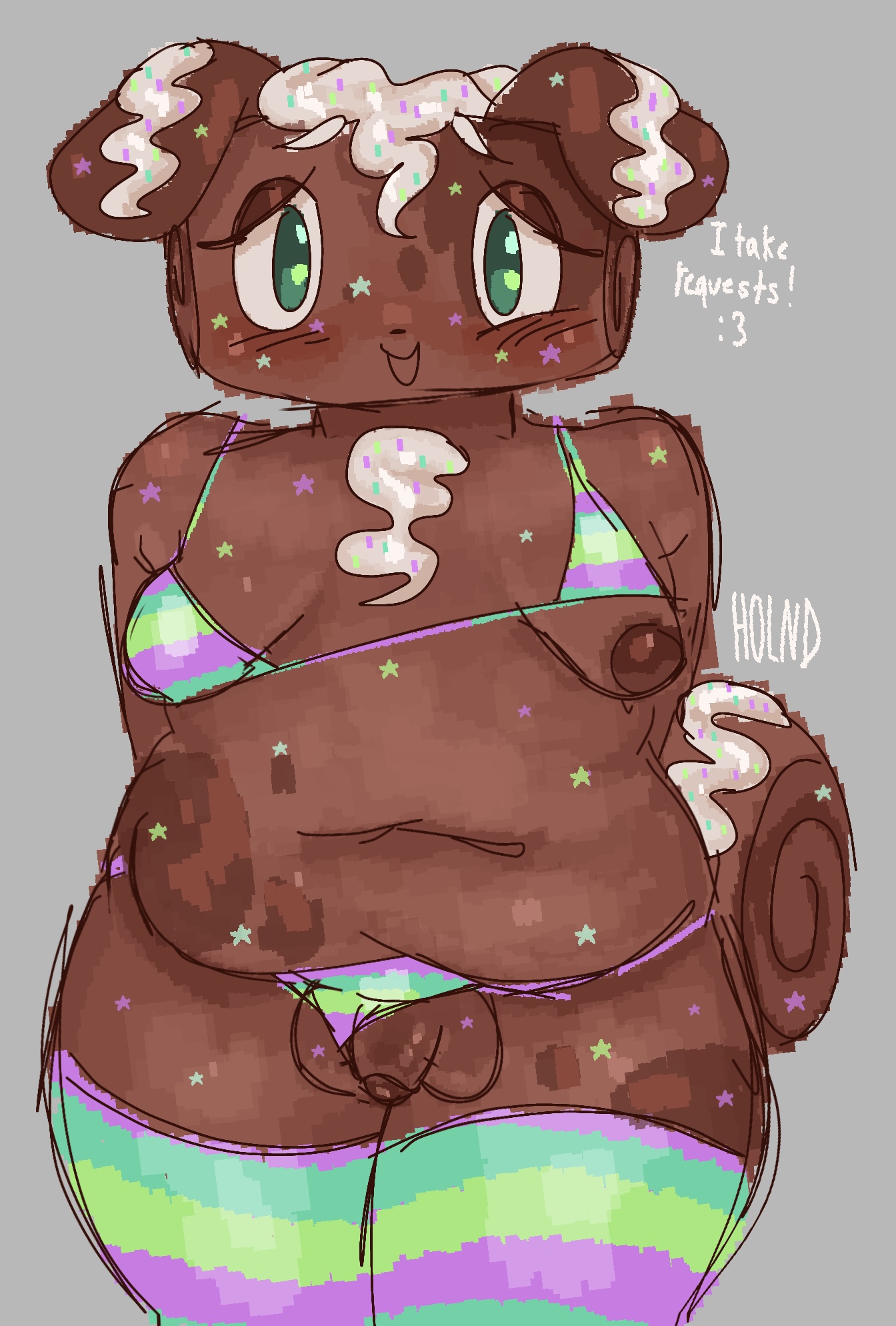 bikini, bikini aside, bikini bottom, bikini lift, bikini only, bikini pull, bikini top, blushcrunch studio, breasts, chubby, chubby femboy, chubby male, cosmo (dandy's world), crossdressing, curled tail, dandy's world, dark skin, dark-skinned femboy, dark-skinned male, dog ears, dog tail, fat, femboy, femboy only, holnd, male, male only, male with breasts, micro bikini, micropenis, moobs, penis, puppy boy, puppyboy, showing breasts, showing genitals, showing penis, small penis, spots, spotted body, spotted fur, spotted markings, striped bikini, striped bra, striped legwear, striped panties, striped thighhighs, thick thighs, thigh highs, thighhighs
