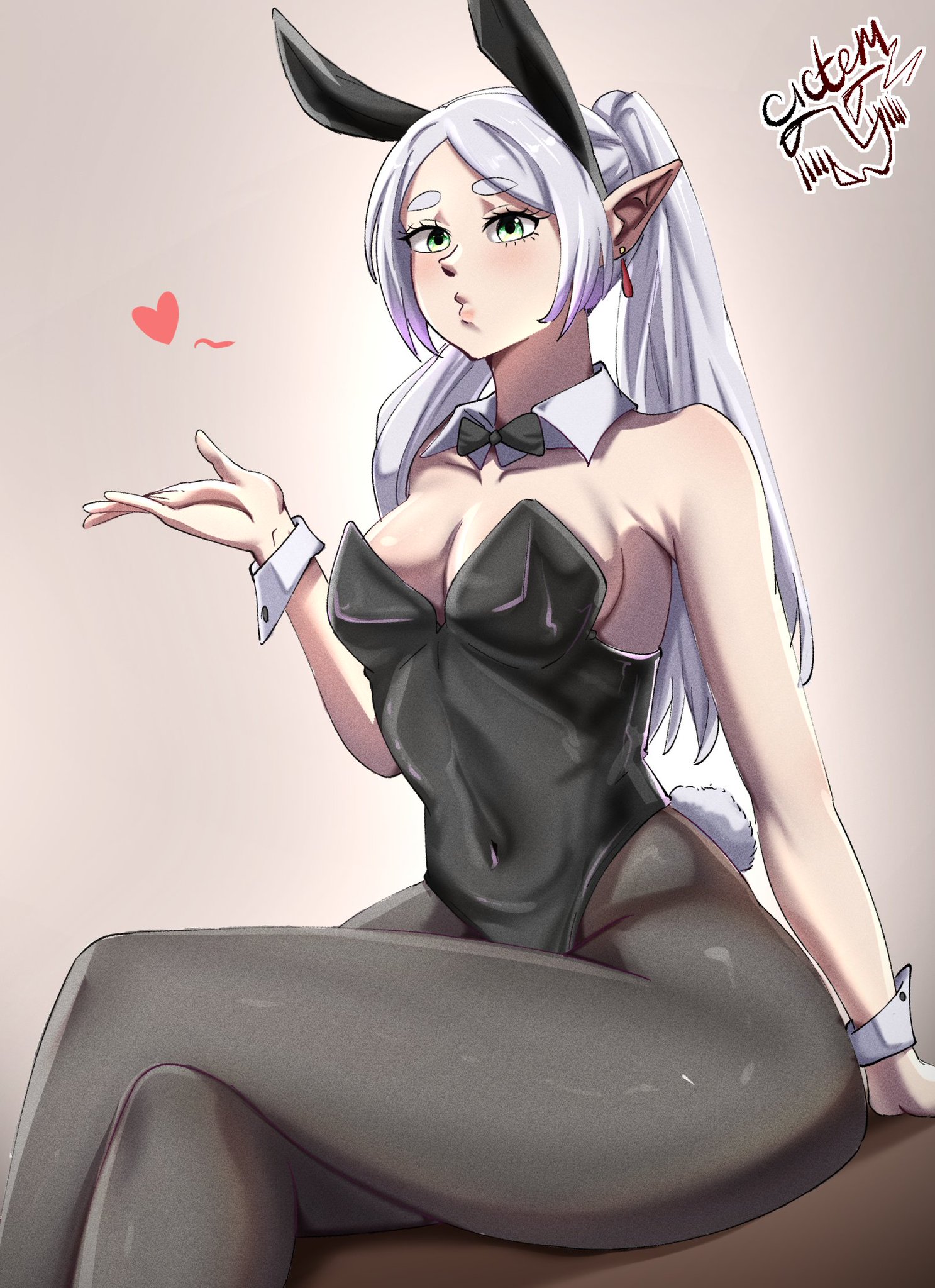 1girls, bunny girl, bunnysuit, cictemart18, crossed legs, female, frieren, frieren beyond journey's end, seductive, solo, solo female, sousou no frieren, white hair