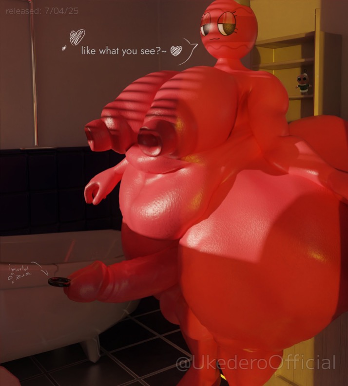 3d, artist name, bobette (dandy's world), breasts, chubby, chubby belly, chubby futa, dandy's world, english, english text, futa only, futanari, heart, huge breasts, huge cock, intersex, looking at viewer, object head, ornament, penis, red skin, solo, solo futa, text, thick thighs, ukederoofficial, urethral plug