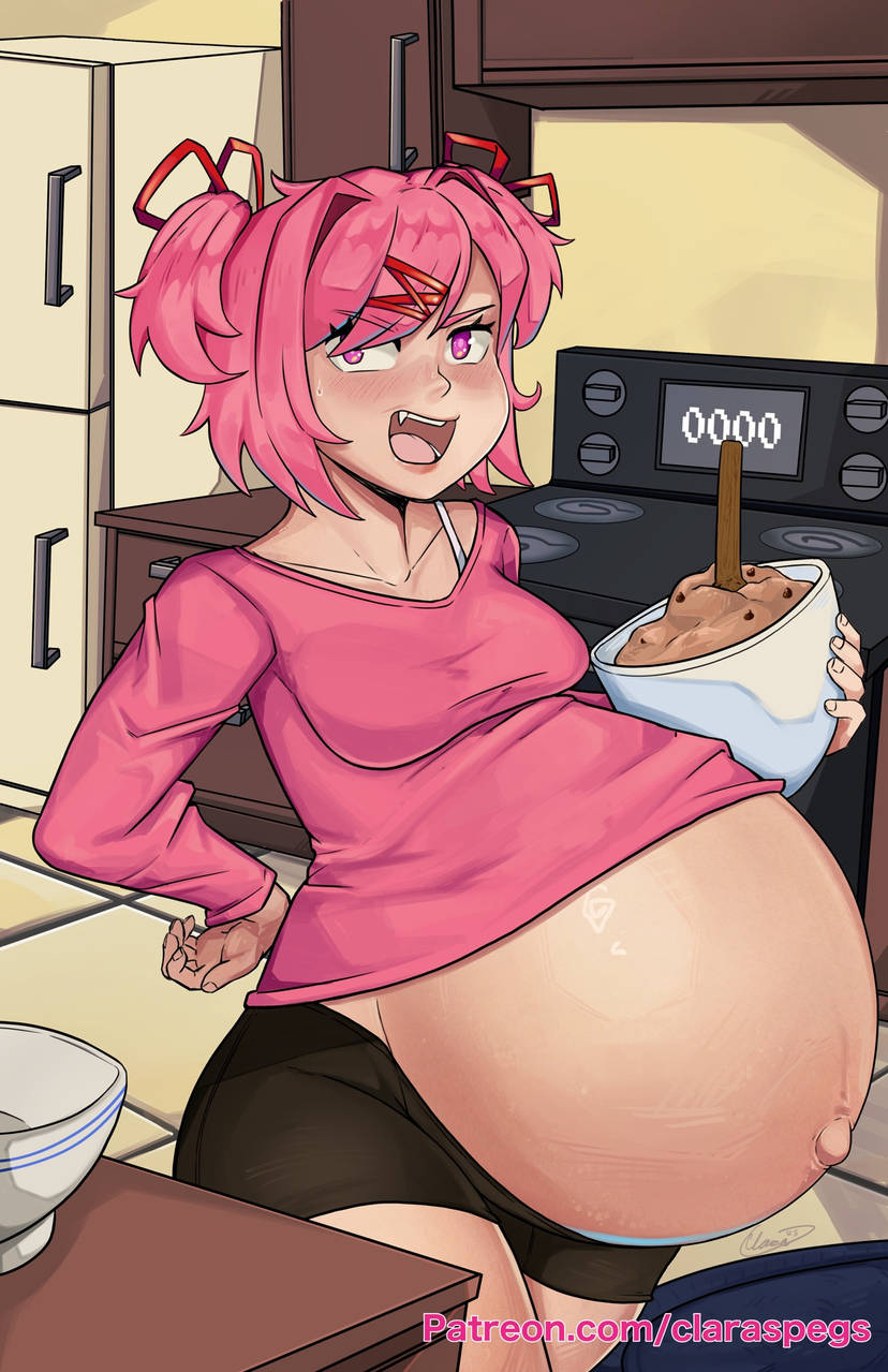 1girls, asian female, claraspregs, doki doki literature club, fang, female, hyper belly, hyper pregnancy, light skin, light-skinned female, natsuki (doki doki literature club), outie navel, pink eyes, pink hair, pregnant, sweat, tagme, thick thighs