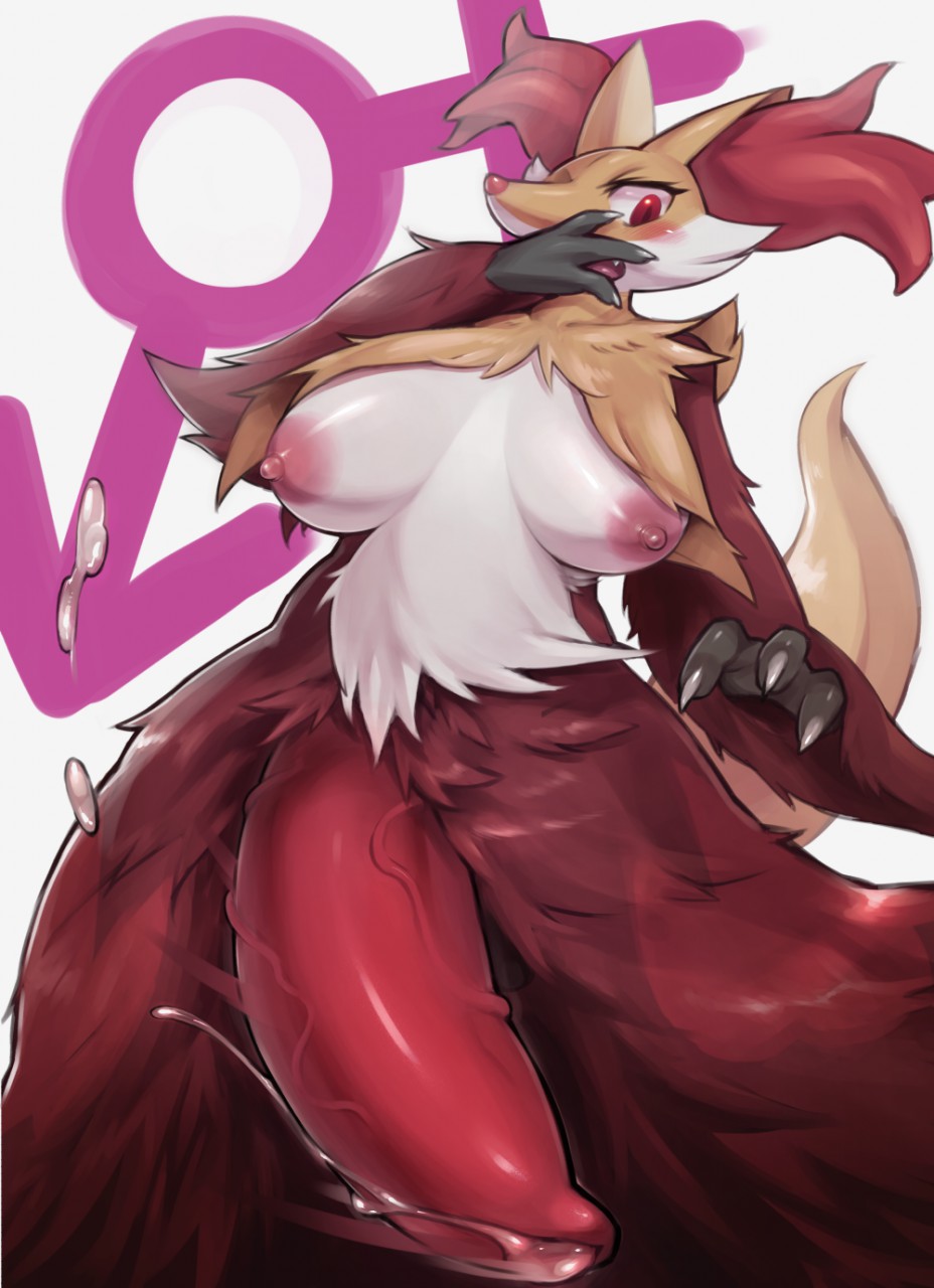 anthro anthro_only anthrofied big_breasts big_penis blush breasts claws cum delphox dickgirl dripping intersex nintendo open_mouth penis pokemon precum red_eyes shiron_(artist) vein video_games wide_hips