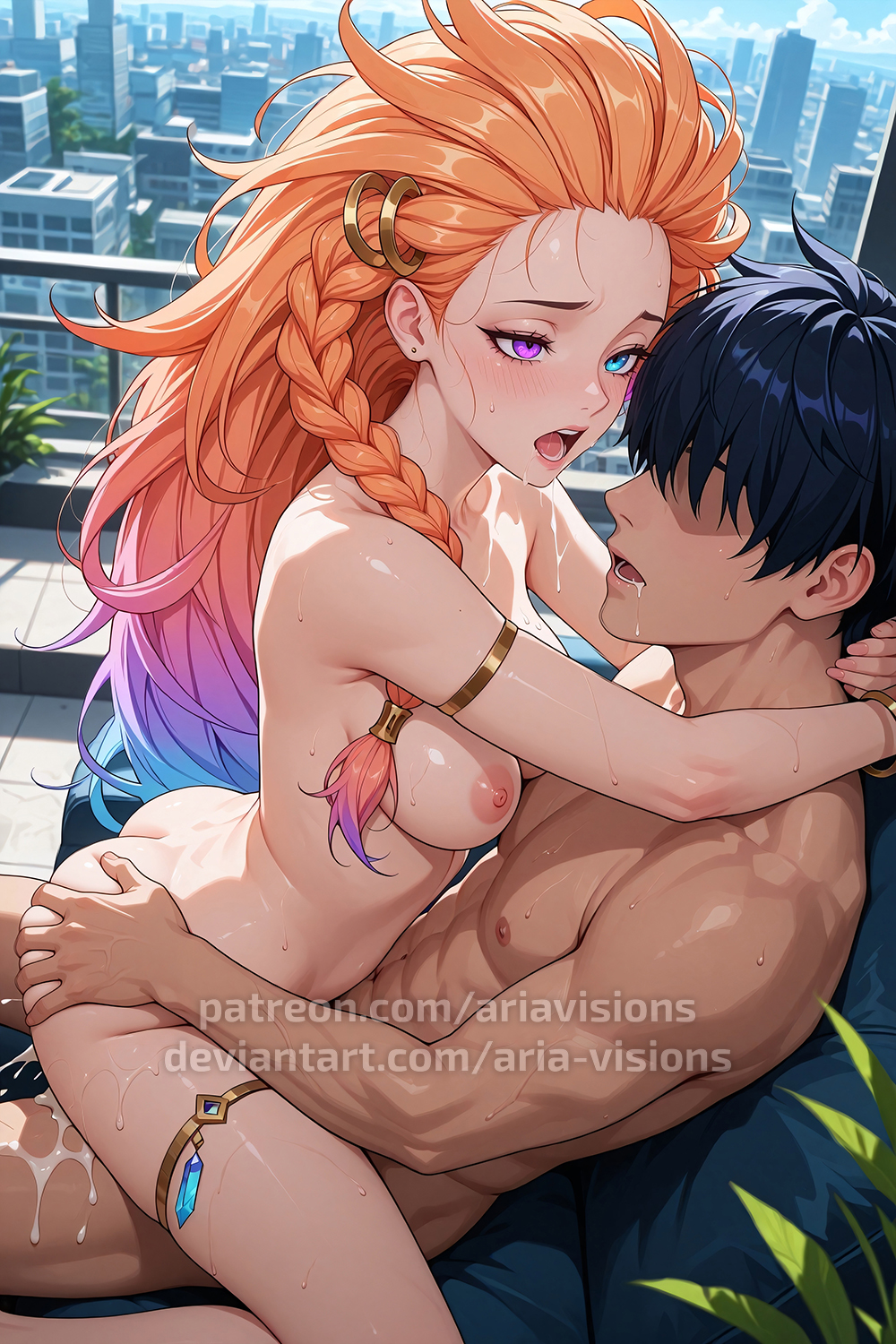 adult, ai assisted, ai generated, ariavisions, ass, blue eyes, braid, cum in pussy, female, hand on ass, hand on butt, heterochromia, hugging, league of legends, long hair, multicolored hair, orange hair, purple eyes, pussy, sex, upright straddle, zoe (league of legends)
