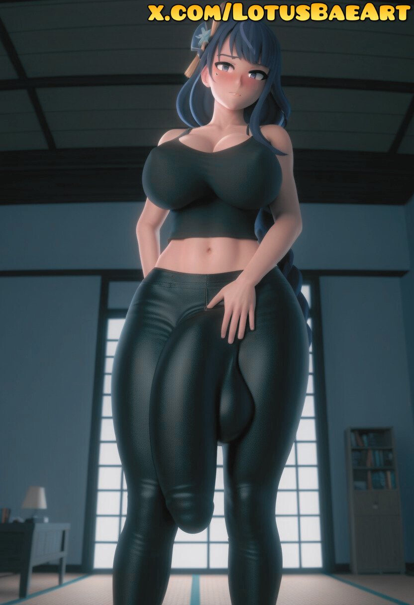 ai generated, balls, embarrassed, embarrassed female, erect penis, erection, erection under clothes, erection under clothing, female, futa focus, futa only, futa sans pussy, futanari, genshin impact, hoyoverse, huge balls, huge cock, intersex, large penis, leather, leather pants, lotusbae, massive penis, penis, penis bulge, penis in pants, presenting penis, raiden shogun, standing, yoga pants