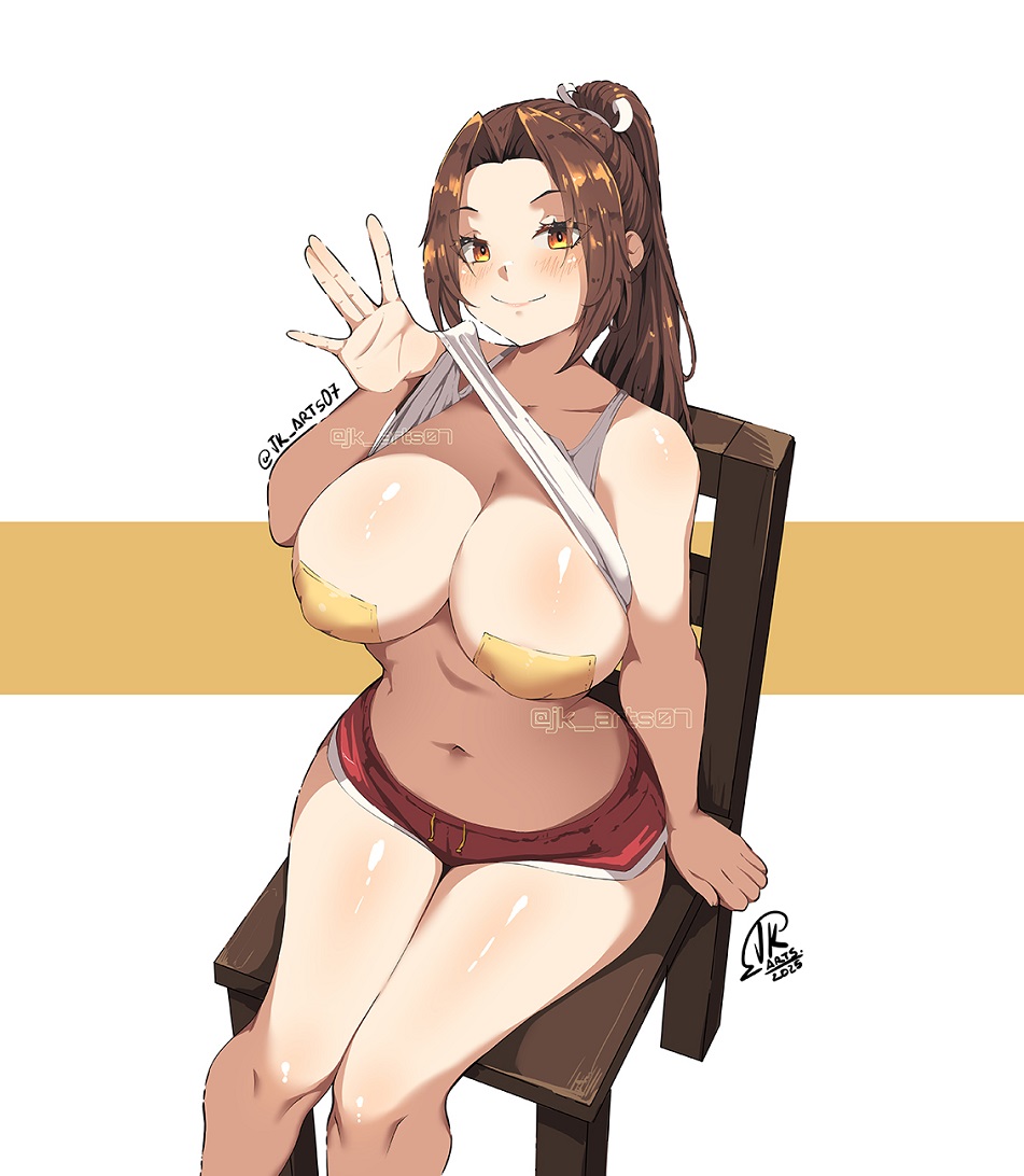 1girls arm_support artist_name bare_arms bare_legs bare_shoulders breasts brown_hair closed_mouth dolphin_shorts fatal_fury feet_out_of_frame female jk_arts07 king_of_fighters large_breasts lifting_own_clothes long_hair looking_at_viewer mai_shiranui navel on_chair orange_eyes ponytail red_shorts short_shorts shorts signature sitting smile snk solo street_fighter street_fighter_6 tank_top thighs twitter_username watermark white_background white_tank_top wooden_chair yellow_pasties