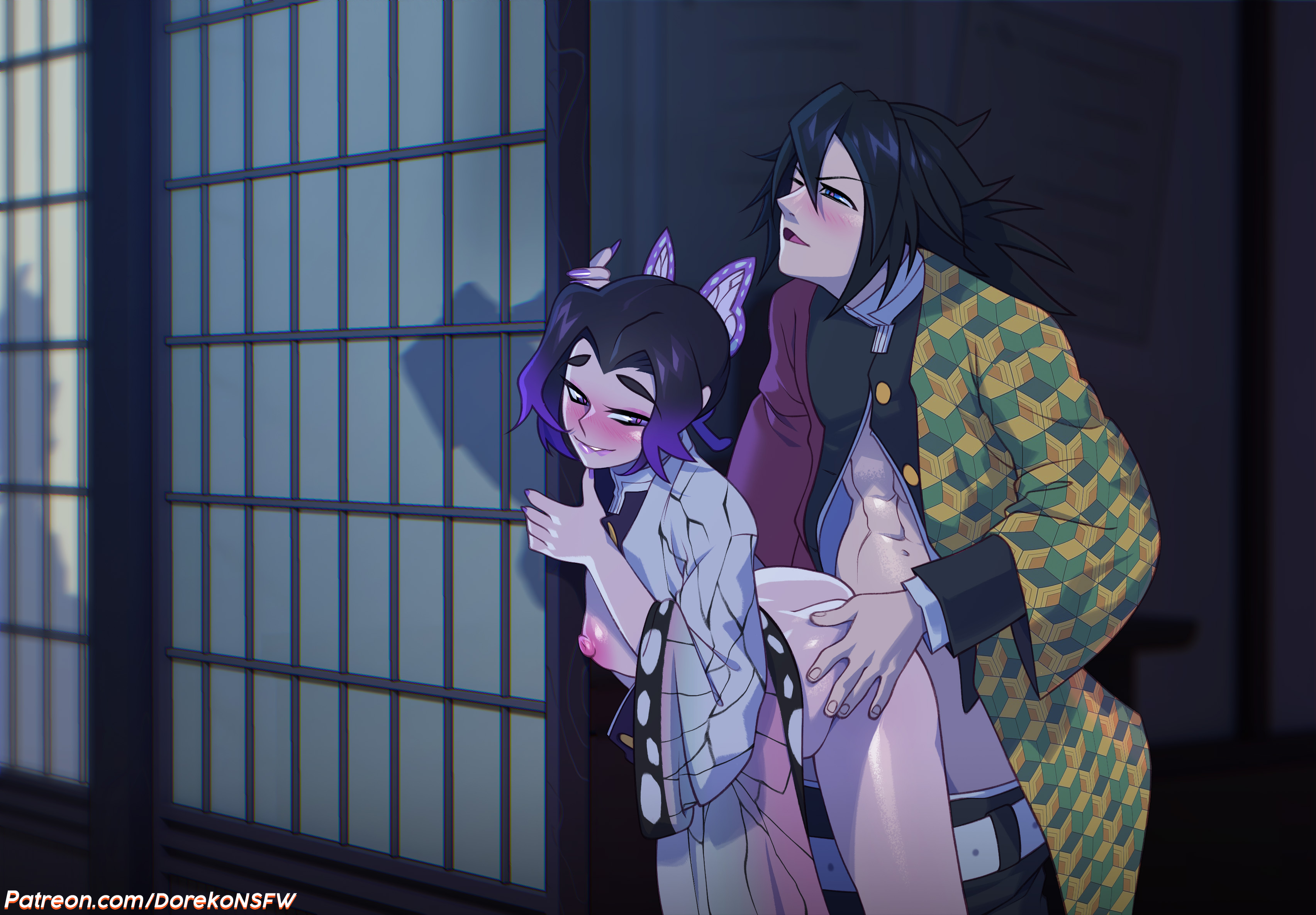 1boy, 1girls, abs, areola, areolae, ass, black hair, black-haired male, blush, blushing, breasts, demon slayer, doggy style, doreko, female, kochou shinobu, male, male/female, purple hair, purple-haired female, sex, sex from behind, tagme, tomioka giyuu