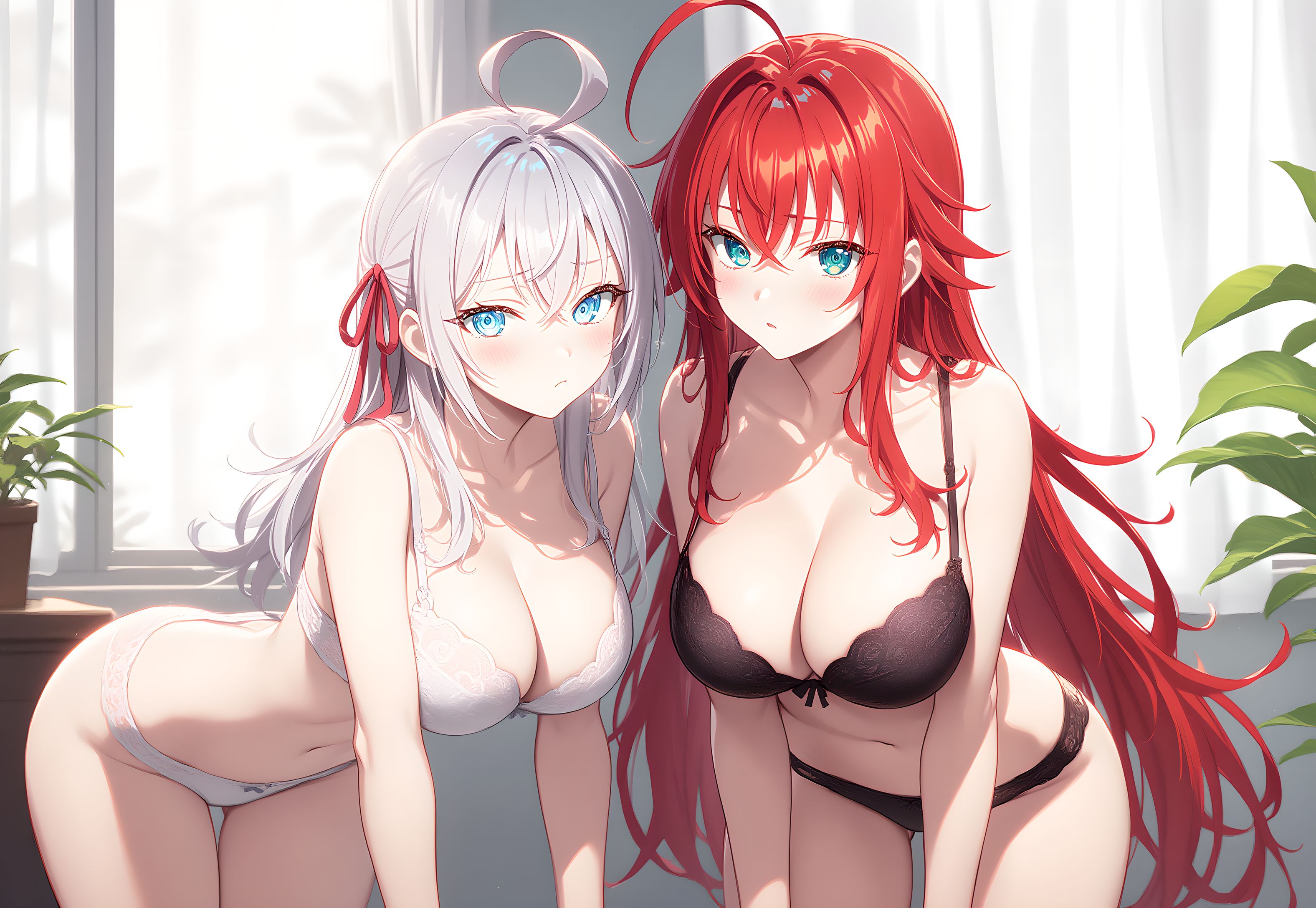 2girls, ahoge, ai generated, alisa mikhailovna kujou, big ass, big breasts, bikini, black bikini, blue eyes, blush, breasts, crimson-haired female, crossed bangs, crossover, curvy, curvy female, demon, demon girl, female, female only, hair ribbon, high school dxd, hourglass figured female, huge ahoge, indoors, interspecies, light skin, light-skinned female, long-haired female, loose hair, lovehuwu, red ribbon, rias gremory, silver-haired female, sky blue eyes, thick thighs, tokidoki bosotto russian de dereru tonari no alya-san, very long-haired female, voluptuous female, white bikini, wide hipped female, yuri