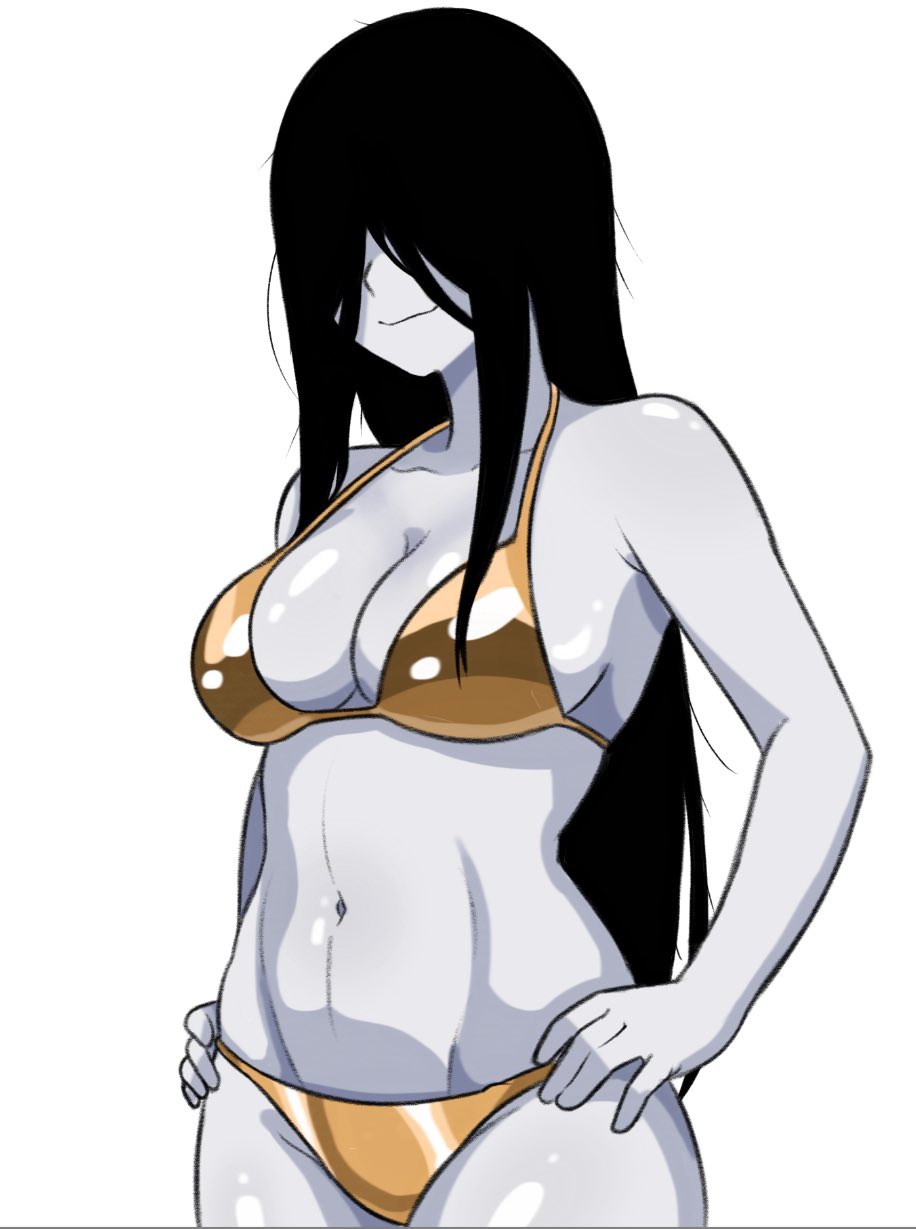 1girls, alternate costume, big breasts, bikini, black hair, breasts, busty, cleavage, confident, female, female only, gold bikini, graphicthereal, hair over eyes, hands on hips, highres, large breasts, legs, long hair, navel, pose, posing, sensual, sexy, sexy pose, sideboob, smile, swimsuit, the ring, thighs, toned, very long hair, voluptuous, yamamura sadako