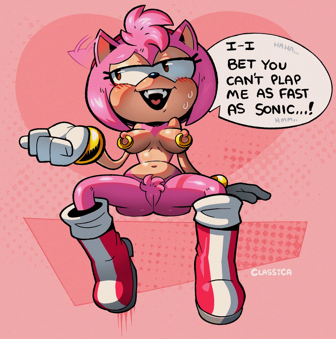 accessory amy_rose anthro ass blush bodily_fluids boots bracelet breasts classica_p clothing dialogue ear_twitch eulipotyphlan female footwear genitals gloves gold_(metal) gold_bracelet gold_jewelry hair_accessory hairband handwear hedgehog hi_res jewelry mammal mostly_nude_female nervous_smile nipple_piercing nipple_ring nipples piercing pink_body pussy ring_piercing sega shoes sitting solo sonic_(series) sonic_the_hedgehog_(series) speech_bubble sweat tan_body tan_skin
