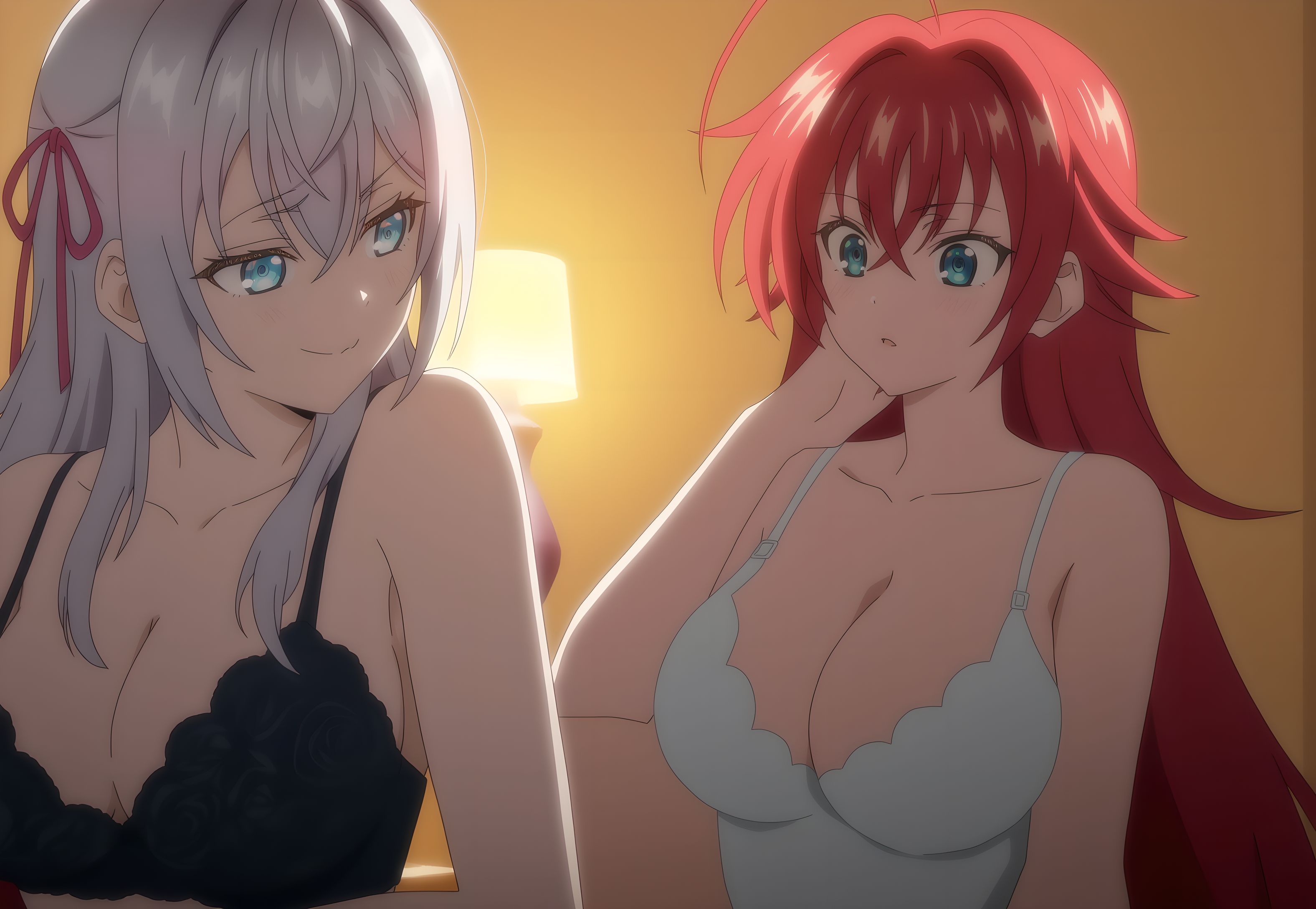 2girls, ai generated, alisa mikhailovna kujou, big breasts, bikini, blue eyes, blue green eyes, breasts, crimson-haired female, crossed bangs, crossover, demon, demon girl, female, female only, hair ribbon, high school dxd, huge ahoge, indoors, interspecies, light skin, light-skinned female, long-haired female, looking at another, loose hair, lovehuwu, red ribbon, rias gremory, silver-haired female, smile, tokidoki bosotto russian de dereru tonari no alya-san, very long-haired female, yuri
