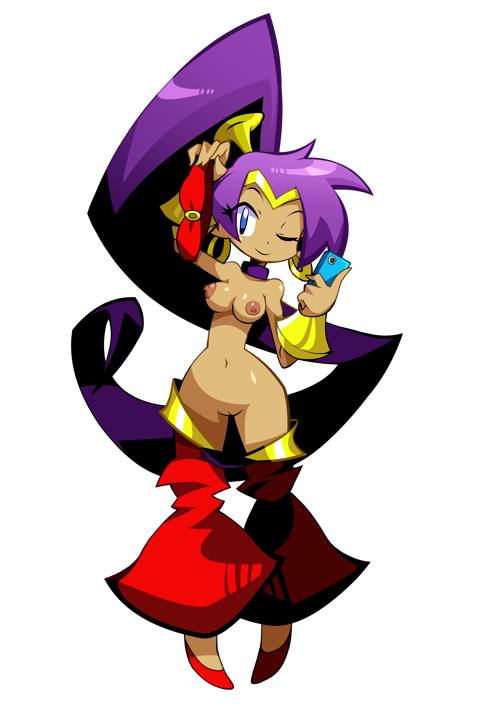 1girls accurate_art_style areolae blue_eyes breasts exposed_breasts exposed_pussy female genie genie_girl holding_topwear looking_at_viewer naked_footwear navel nipples niyuyu nude nude_female partially_clothed phone purple_hair pussy shantae shantae:_half-genie_hero shantae_(character) smile smooth_skin solo stripping style_emulation style_parody tagme tan_skin topless undressing wide_hips wink