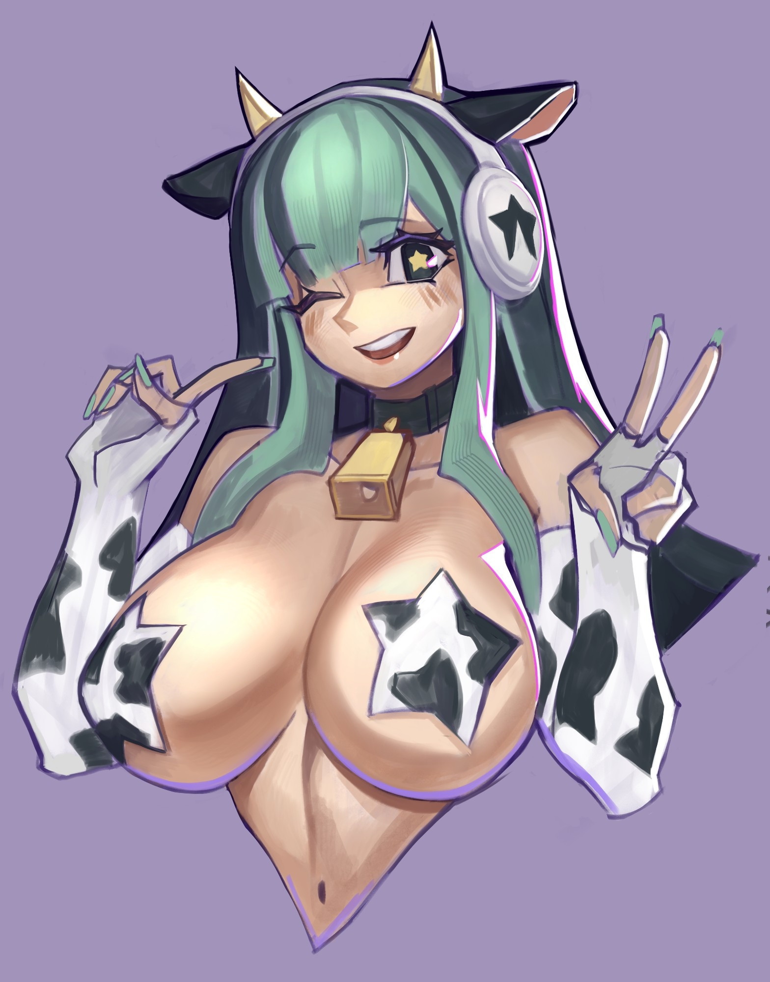 1girls, 2025, bangs, big breasts, blunt bangs, blush, breasts, choker, cow ears, cow girl, cow horns, cow print, cowbell, digital media (artwork), exnezo, female, female only, fingerless gloves, gloves, green hair, headphones, large breasts, long hair, nail polish, no visible genitalia, one eye closed, original, original character, painted nails, pasties, peace sign, smile, solo, solo female, star (symbol), wink