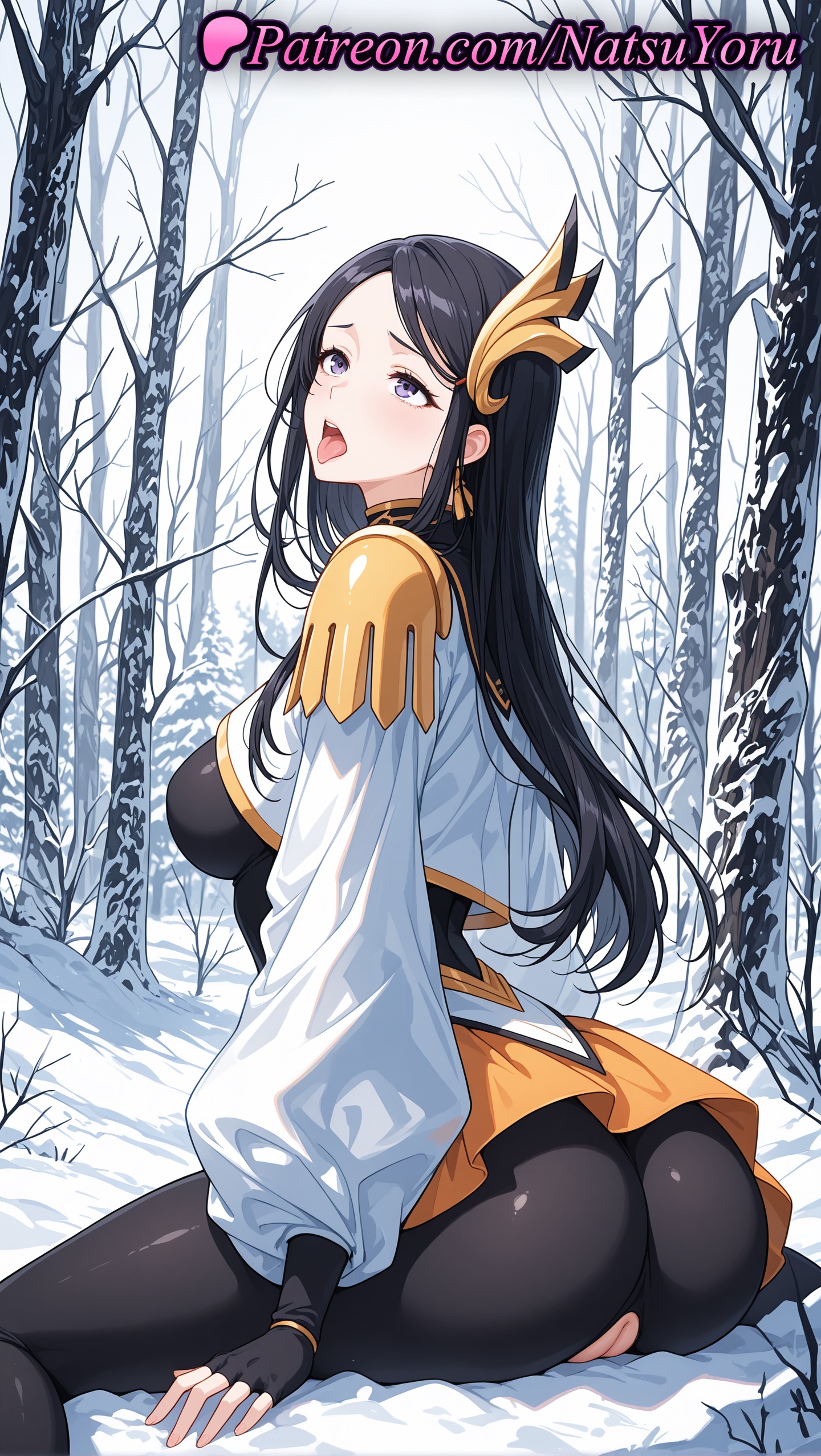 1girls, 2025, ai assisted, ai generated, anime, anime style, ass, black bodysuit, black gloves, black hair, breasts, earrings, female, fingerless gloves, forest, gloves, hair ornament, hi res, high quality, high resolution, highres, jewelry, large breasts, long hair, long sleeves, natsuyoru, nature, open mouth, oshiri, outdoors, pantyhose, park heejin, patreon, purple eyes, pussy, sitting, skirt, snow, solo, solo leveling, stable diffusion, tongue, tongue out, torn clothes, tree, vagina, voluptuous, voluptuous female