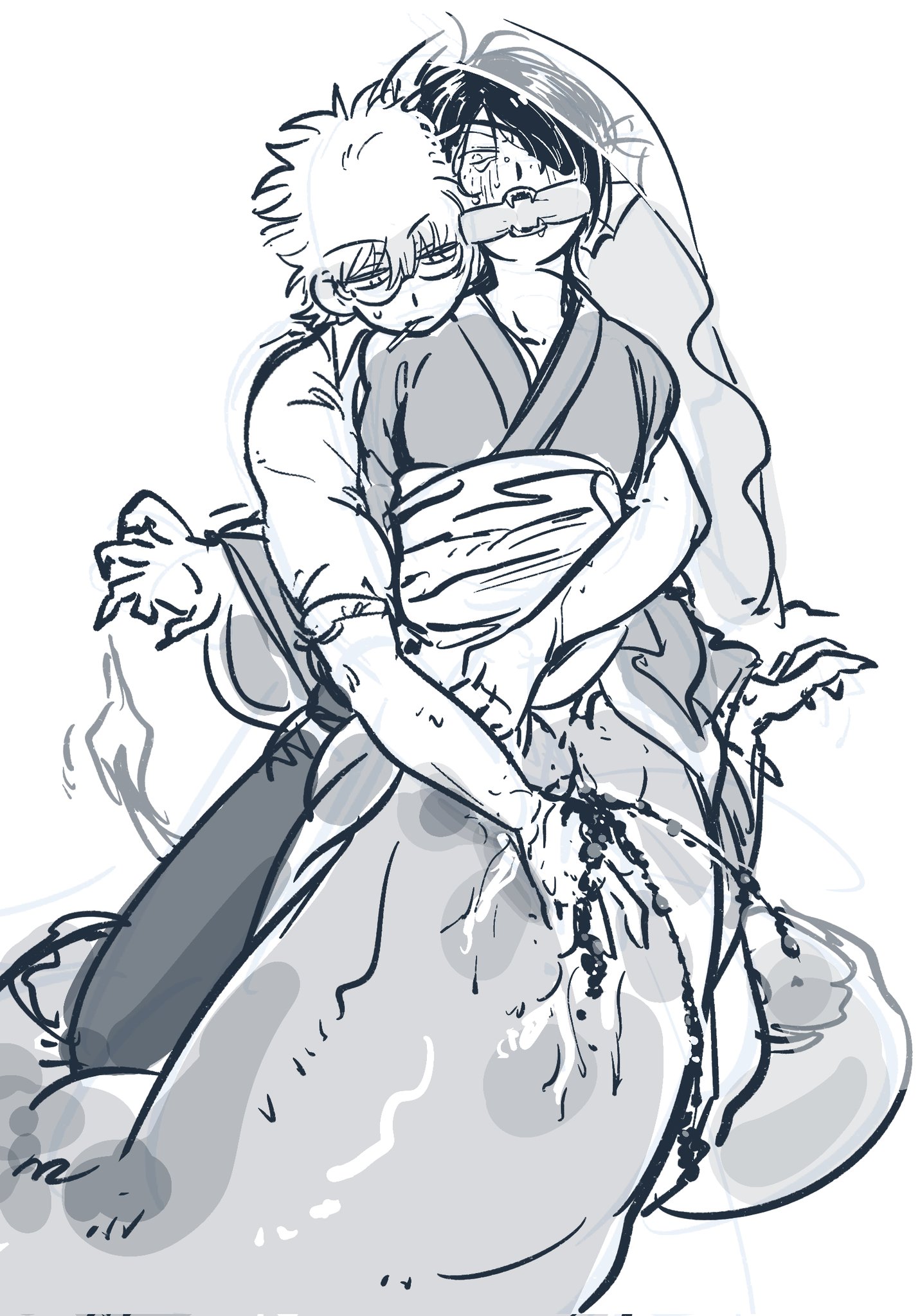 2boys, blush, cloaca, cloacal fingering, cuntboy, ear fins, egg, egg laying, eggs, fangs, fingering, fingering partner, fish eggs, gag, gagged, gay, gintama, gintoki sakata, glasses, intersex, japanese clothes, kimono, male, male only, merfolk, merman, monochrome, official alternate costume, questionable consent, takasugi shinsuke, tears, veil, yaoi, ycgdyfk, youkai