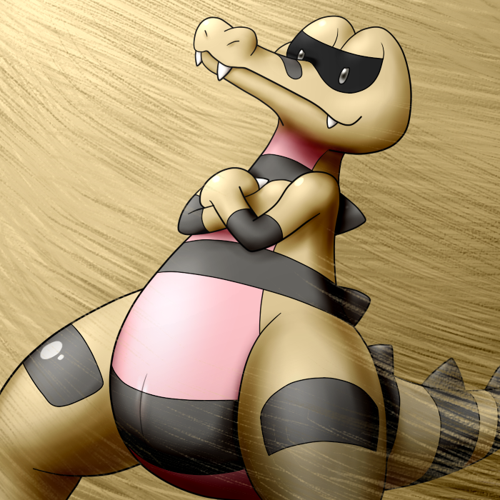 ambiguous_gender animal_genitalia anthro bm_proto_06 crocodile crossed_arms genital_slit krokorok looking_at_viewer nintendo plain_background pokemon pose reptile sand sandstorm scalie slit solo video_games